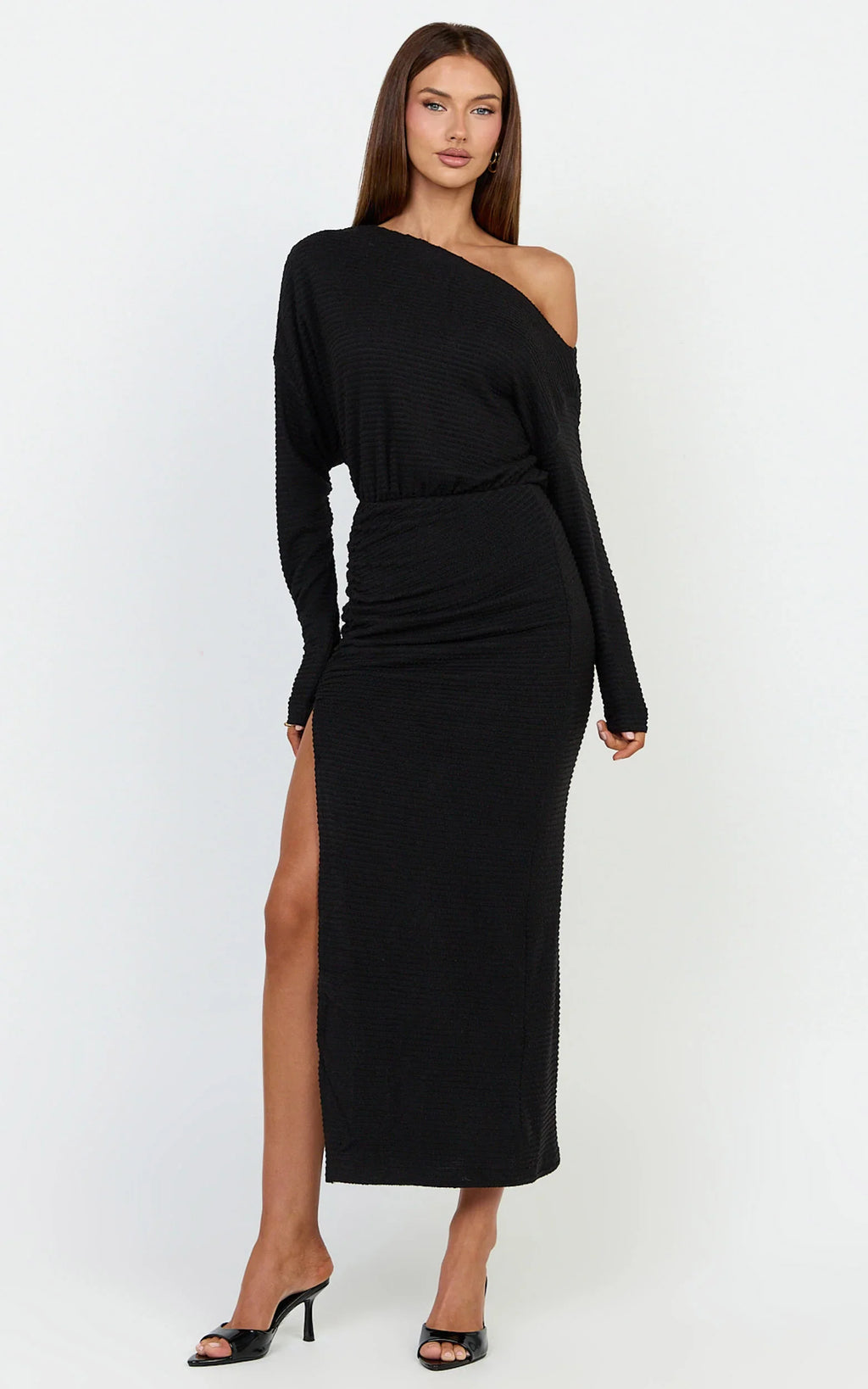 Alyce Midi Dress - Jersey Asymmetric Ruched Bodycon Dress in Black