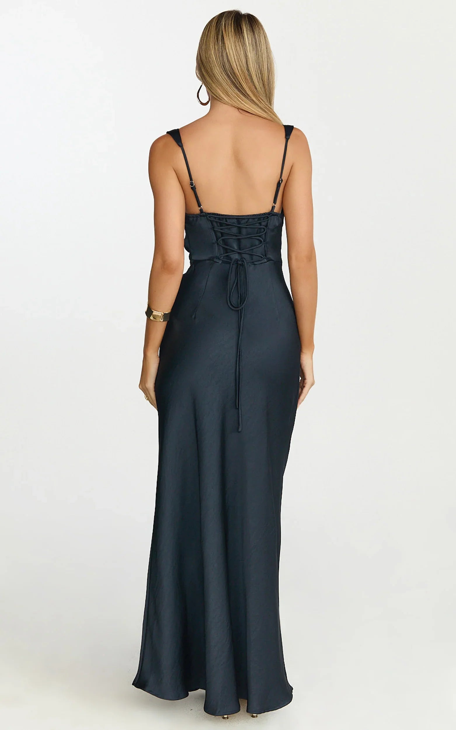 Rumi Maxi Dress - Ruched Bodice Satin Dress in Navy