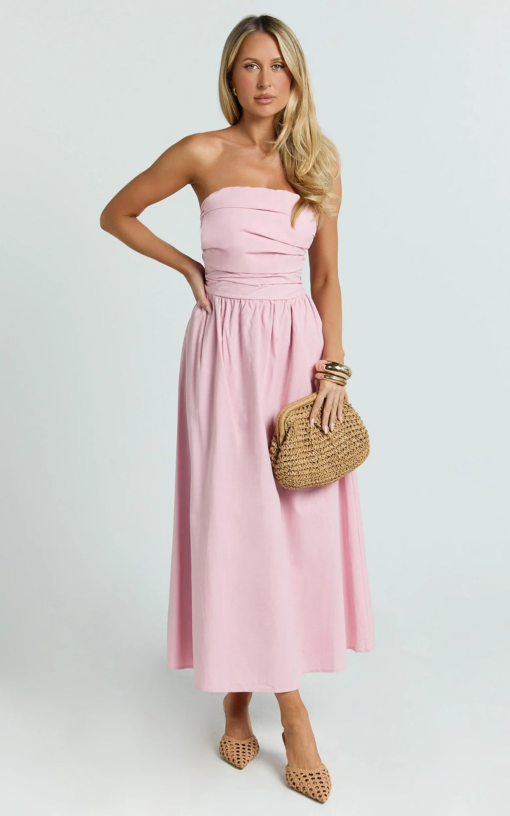 Polly Midi Dress - Strapless Ruched Dress in Pink