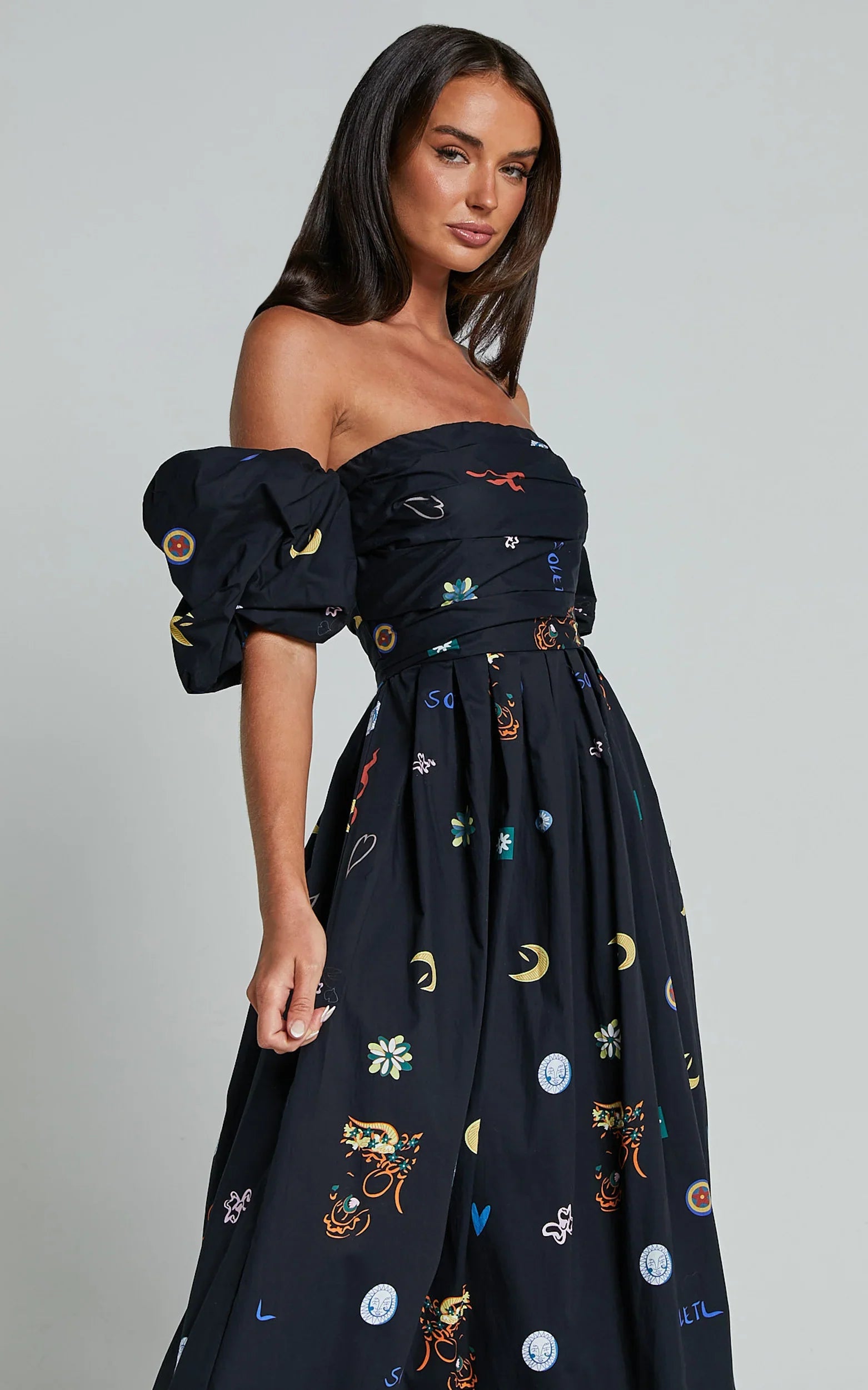 Brianna Midi Dress - Off Shoulder Dress in Black Print