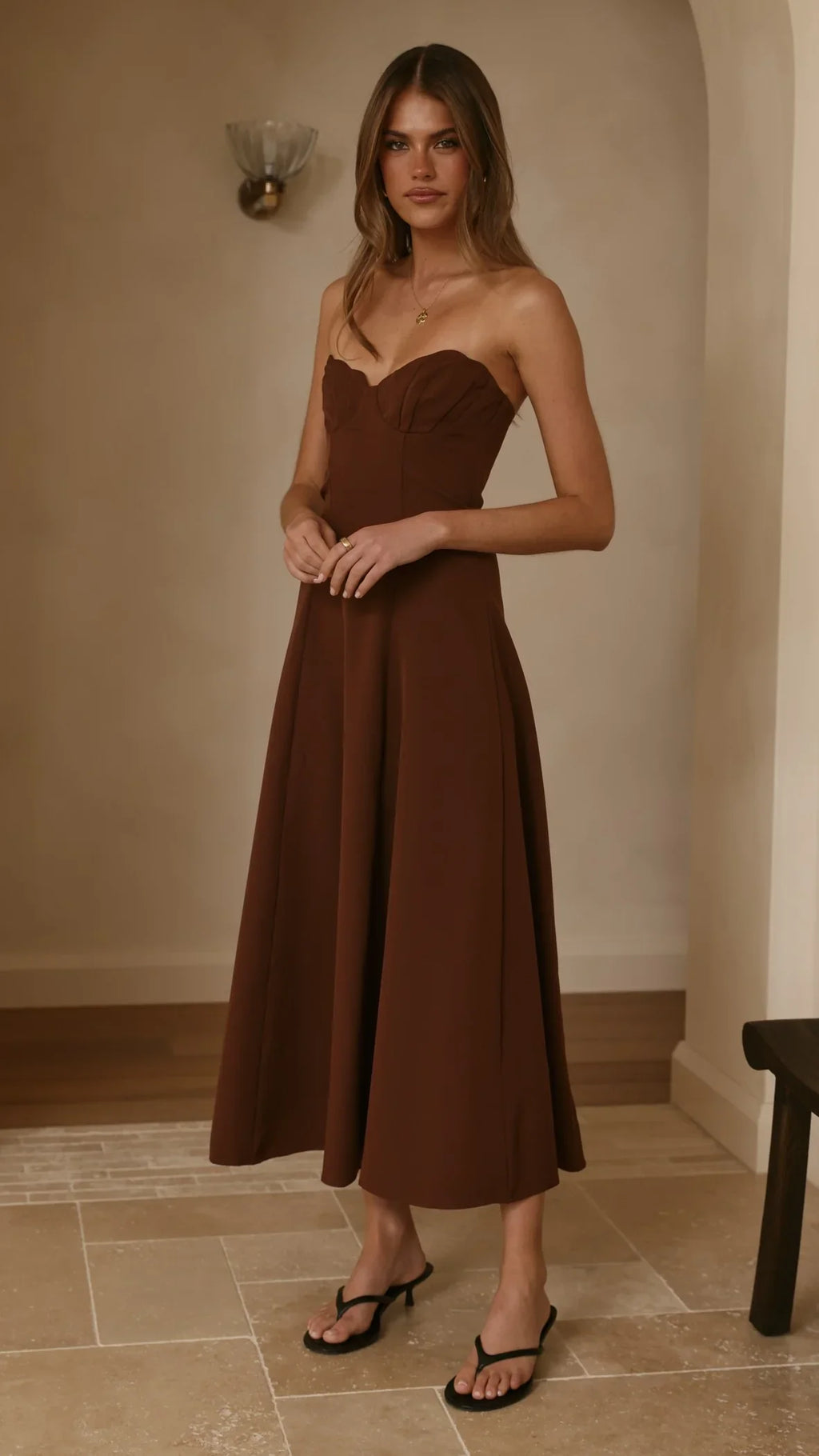 Janessa Strapless Midi Dress - Chocolate