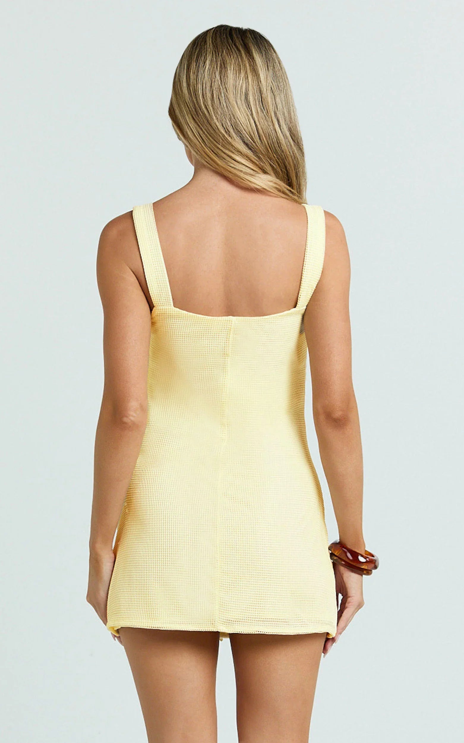 Sienna Mini Dress - Square Neck Floral Embroidered A Line Dress in Lemon