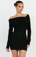 Tess Mini Dress - Asymmetric Off Shoulder Long Sleeve Knit Dress in Black