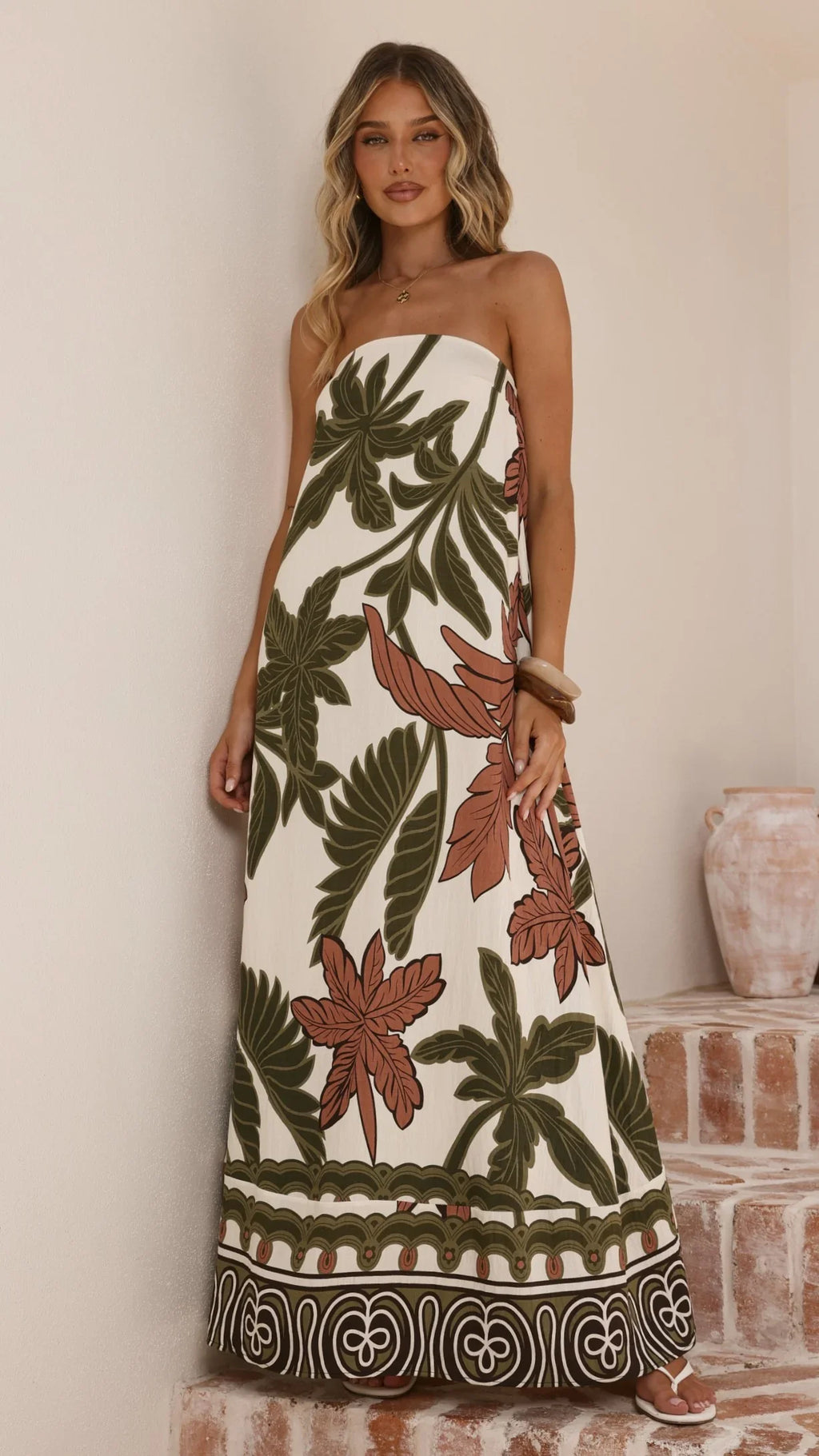 Connie Maxi Dress - Green/Beige Palm