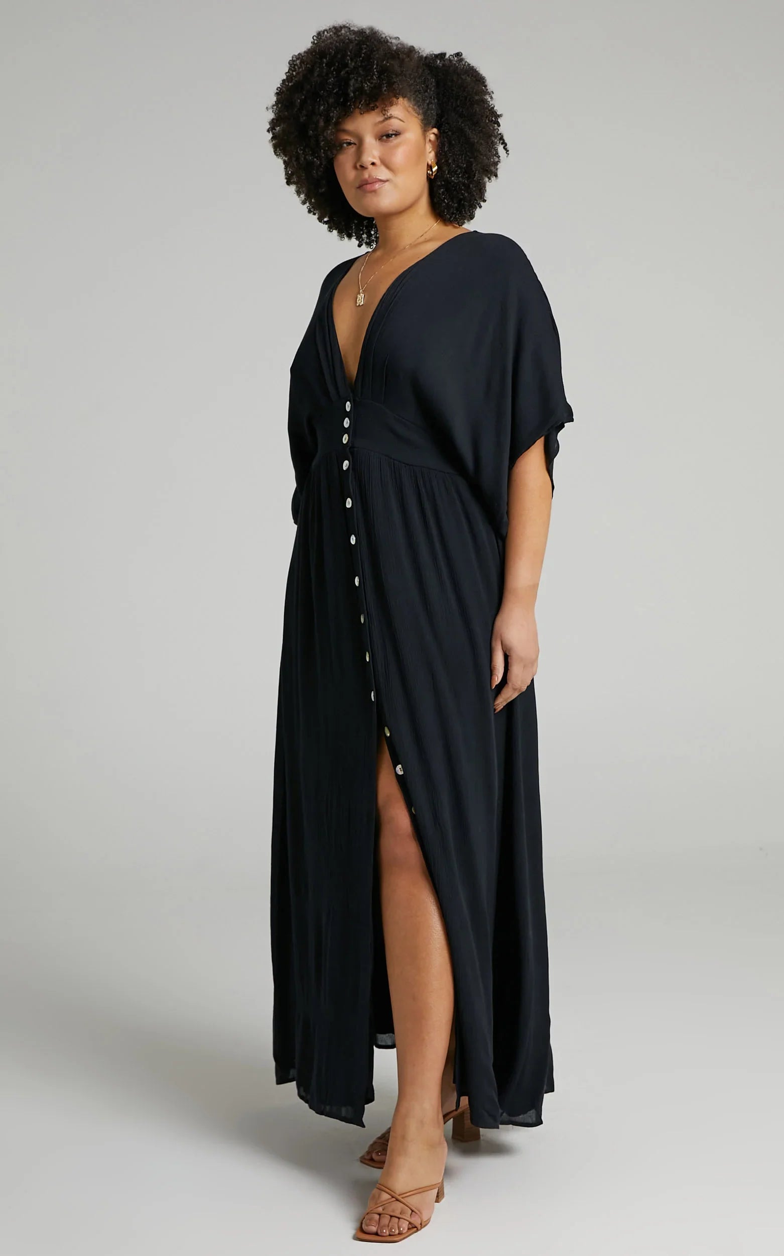 Sitting Pretty Maxi Dress - Short Sleeve Button Down Dress in Black