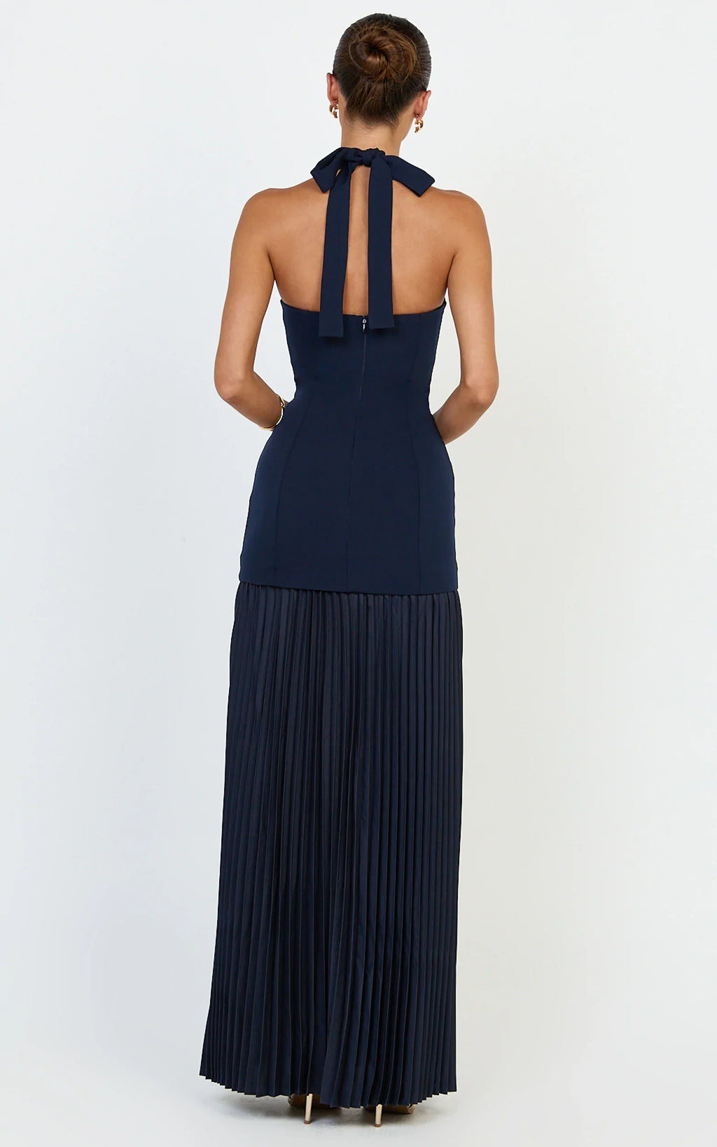 Loretta Maxi Dress - Contrast Halter Neck Pleated Dress in Navy