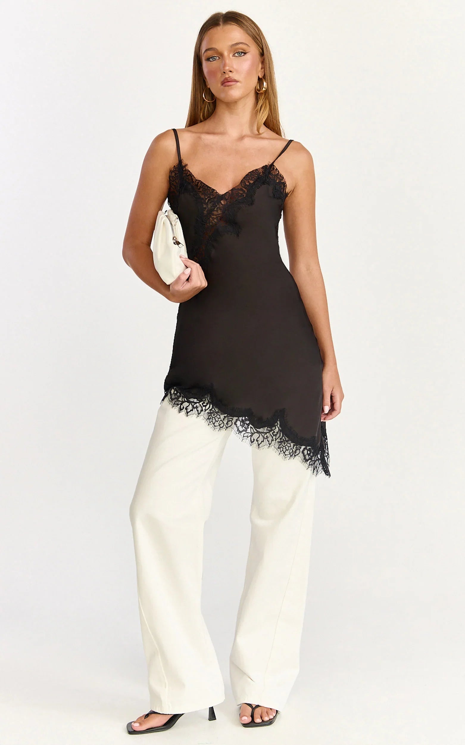 Iris Mini Dress - Lace Trim Asymmetrical Camisole Dress in Black