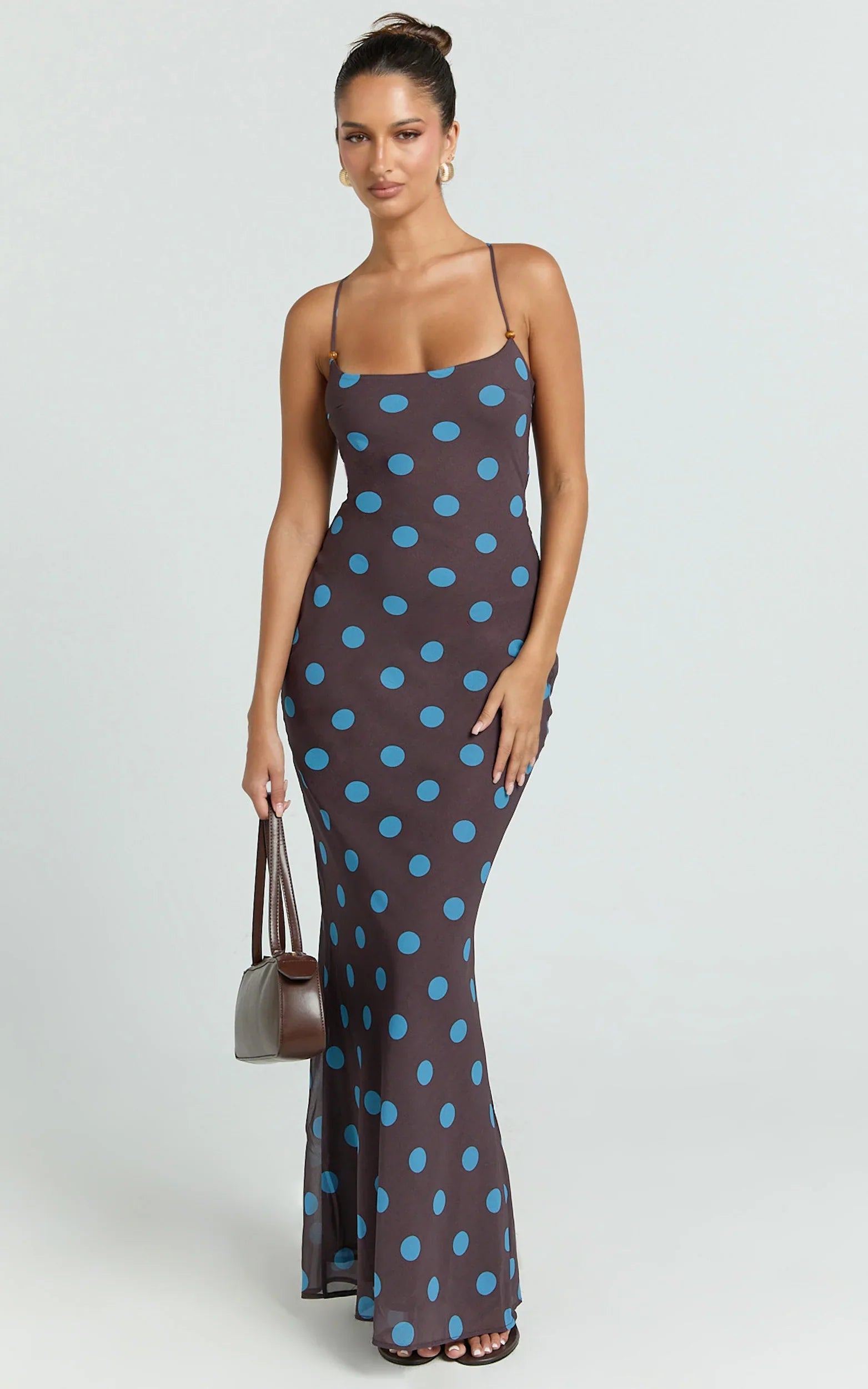 Krishna Maxi Dress - Strappy Scoop Neck Floral Placement Print Georgette Dress in Polka Dot Print