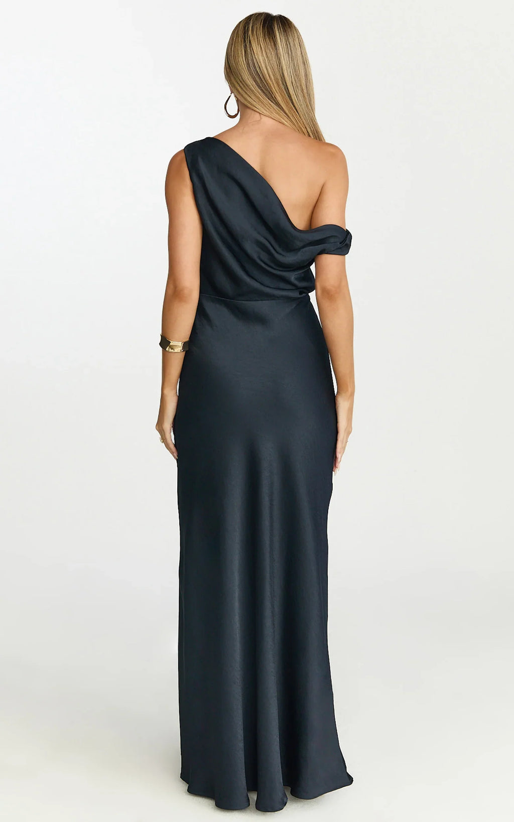Lira Maxi Dress - One Shoulder Satin Dress in Navy