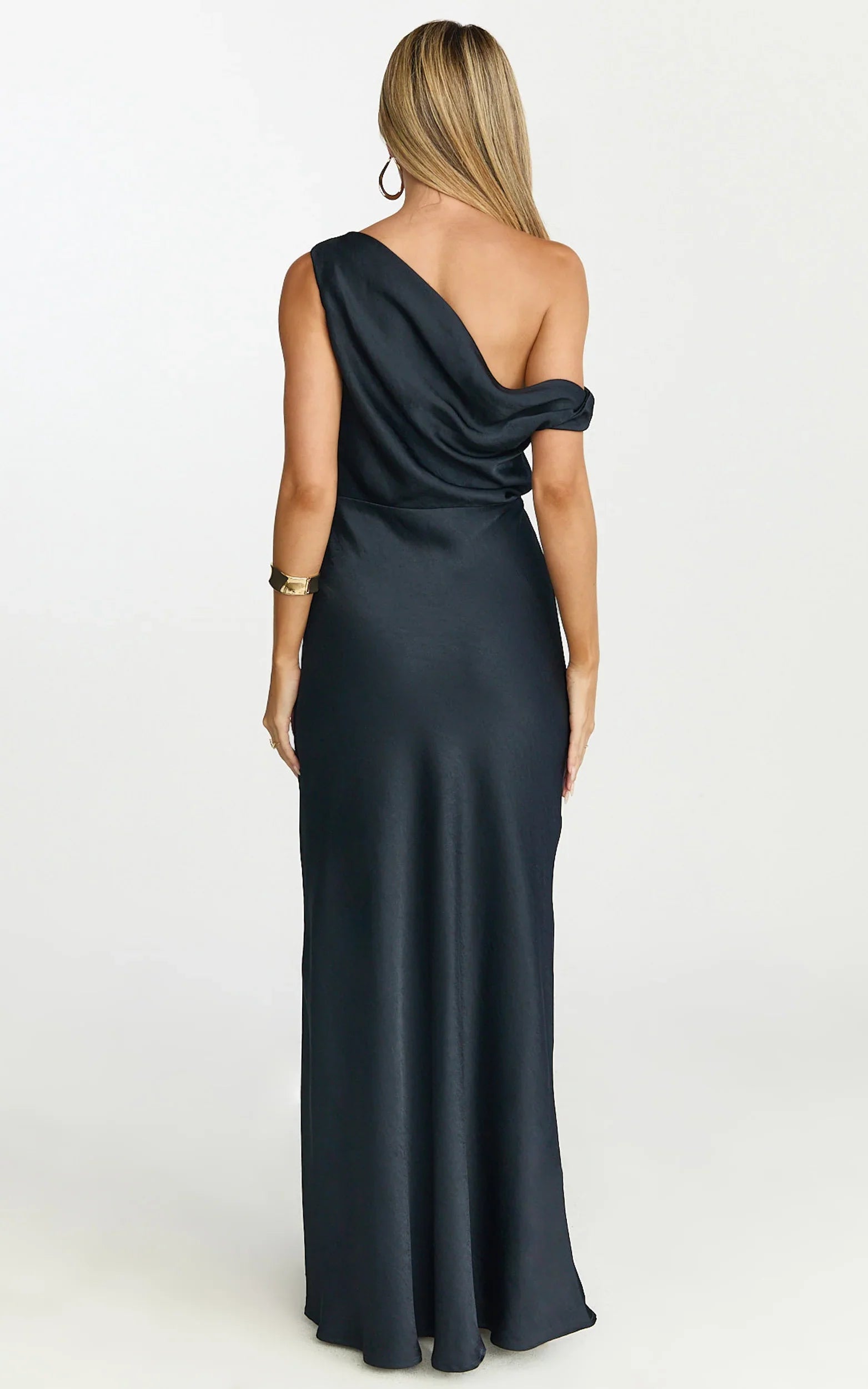 Lira Maxi Dress - One Shoulder Satin Dress in Navy