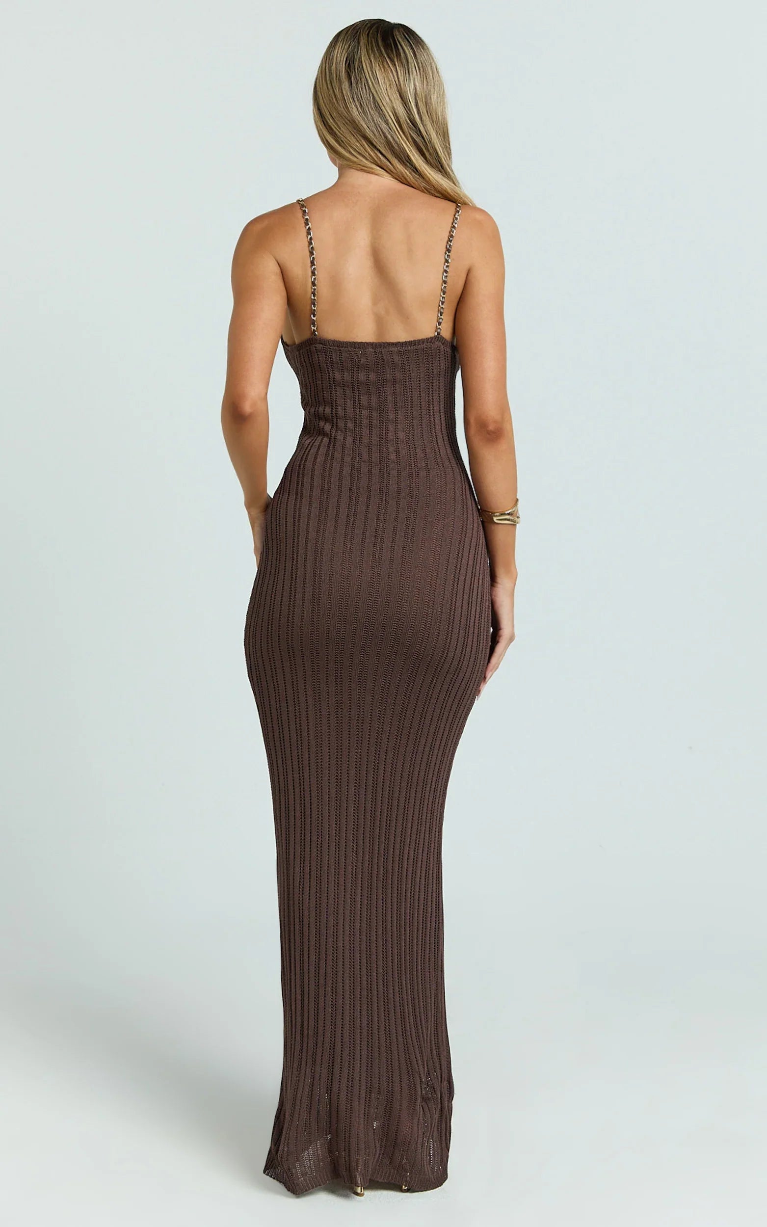 Shailene Maxi Dress - Chain Strap Scoop Neck Knitted Maxi Dress in Chocolate