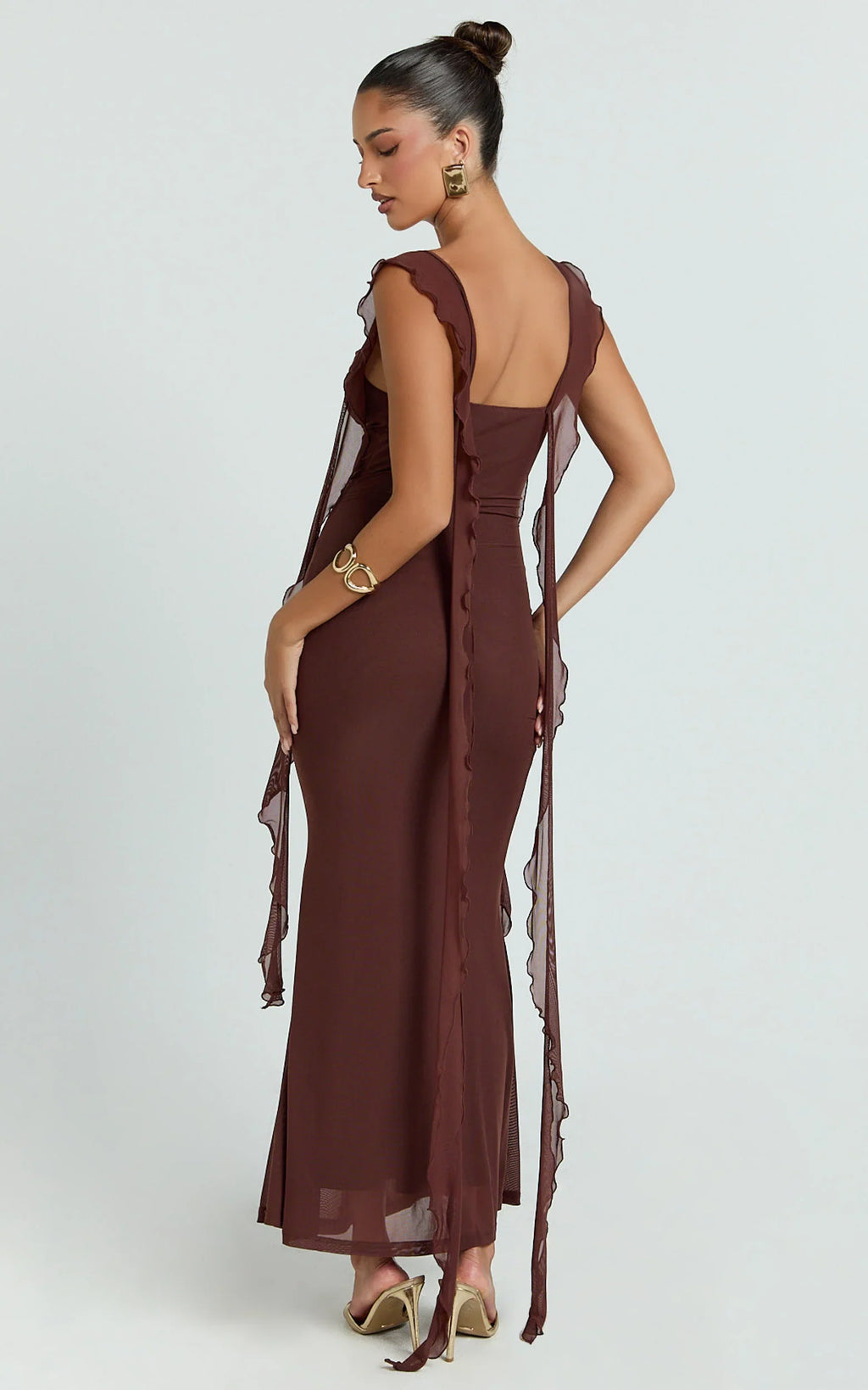 Rosha Midi Dress - Ruffle Strap Dress in Chocolate