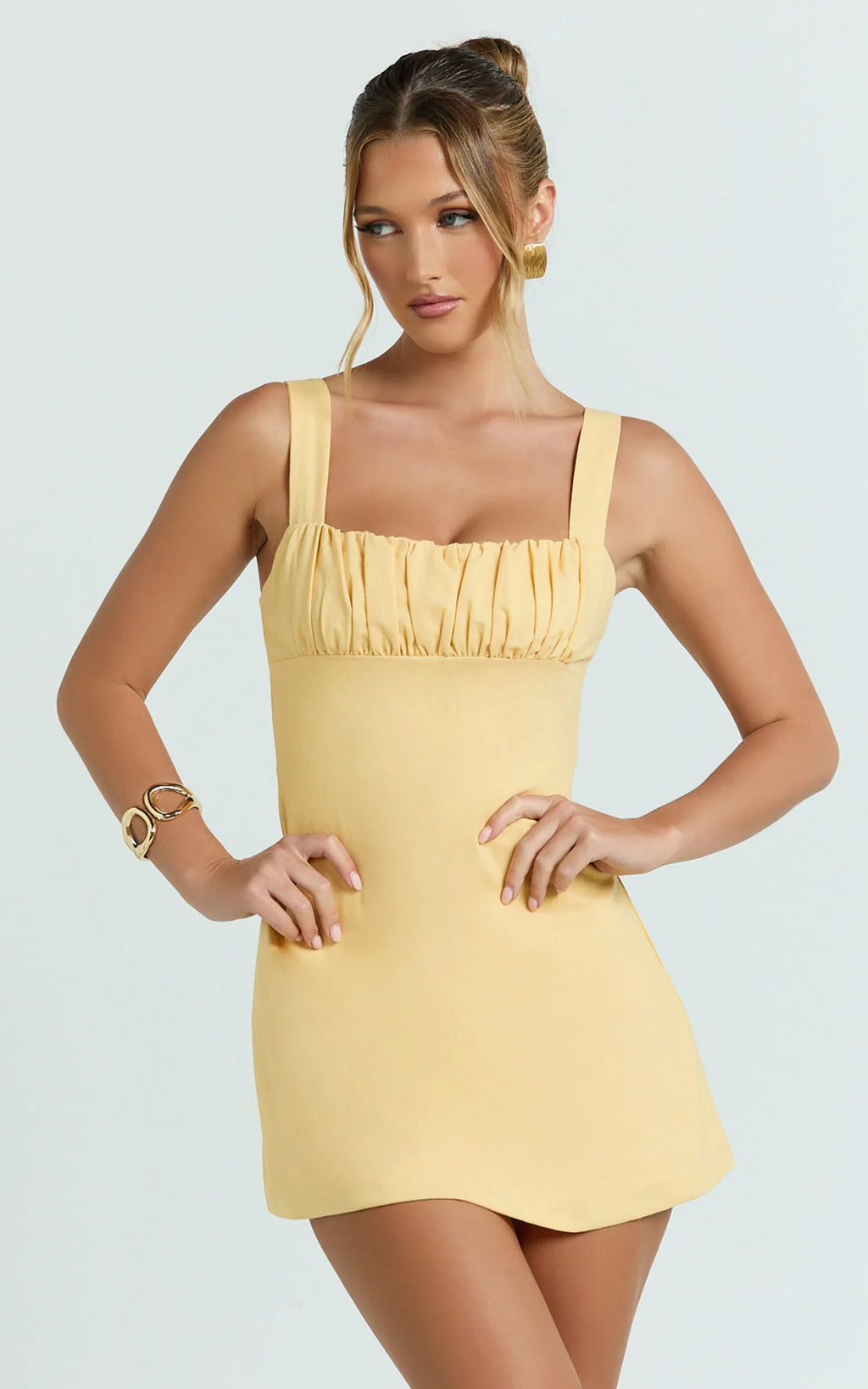 Welmina Mini Dress - Square Neck Front Placket Dress in Lemon