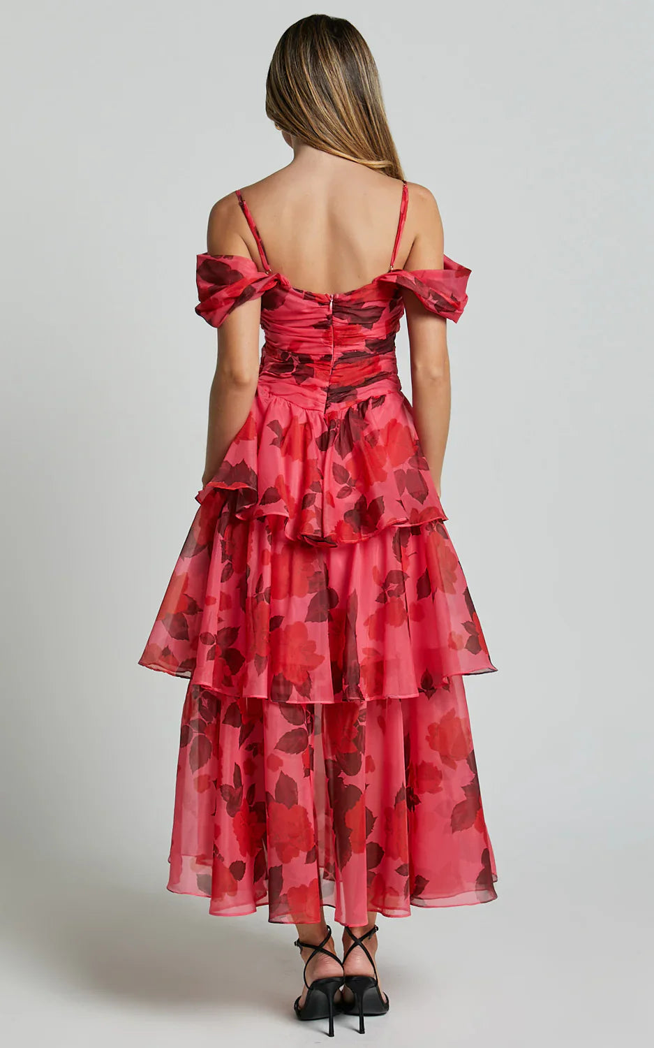 Xena Midi Dress - Off The Shoulder Cut Out Front Layered Dress in Pink Print