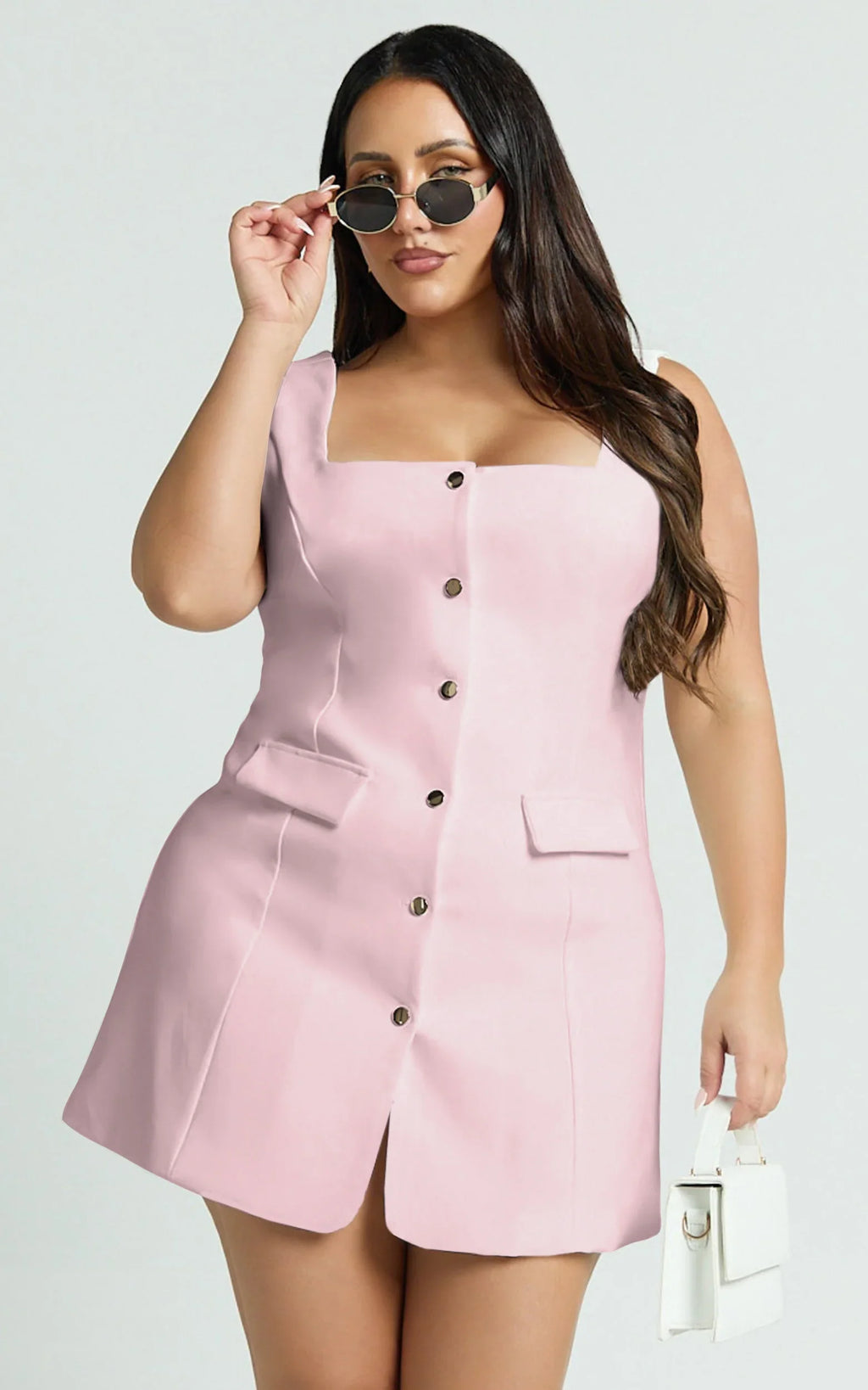 Kenna Mini Dress - Square Neck Button Down Mini Dress in Pink