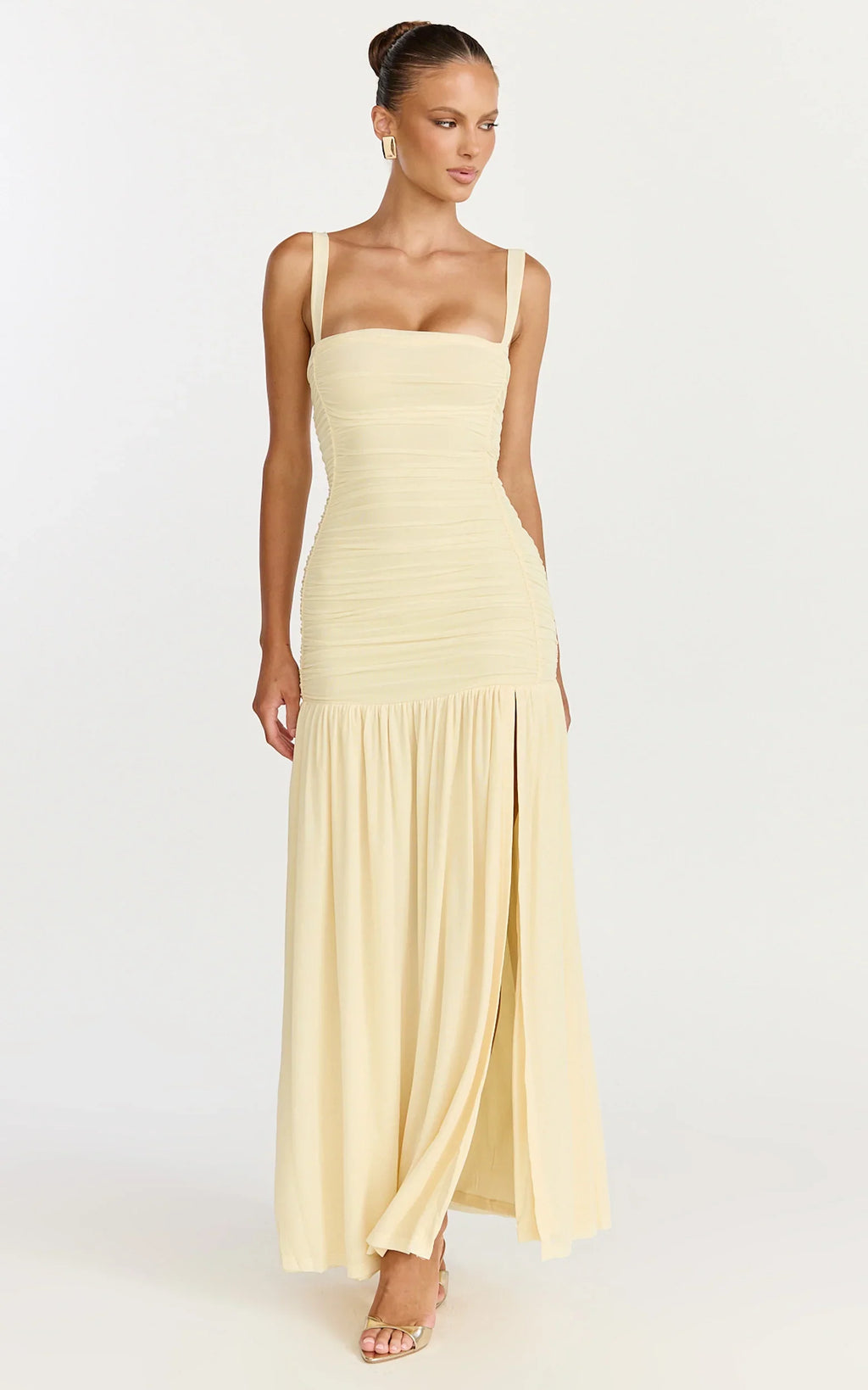Cardi Maxi Dress - Ruched Mesh High Leg Split Dress in Lemon