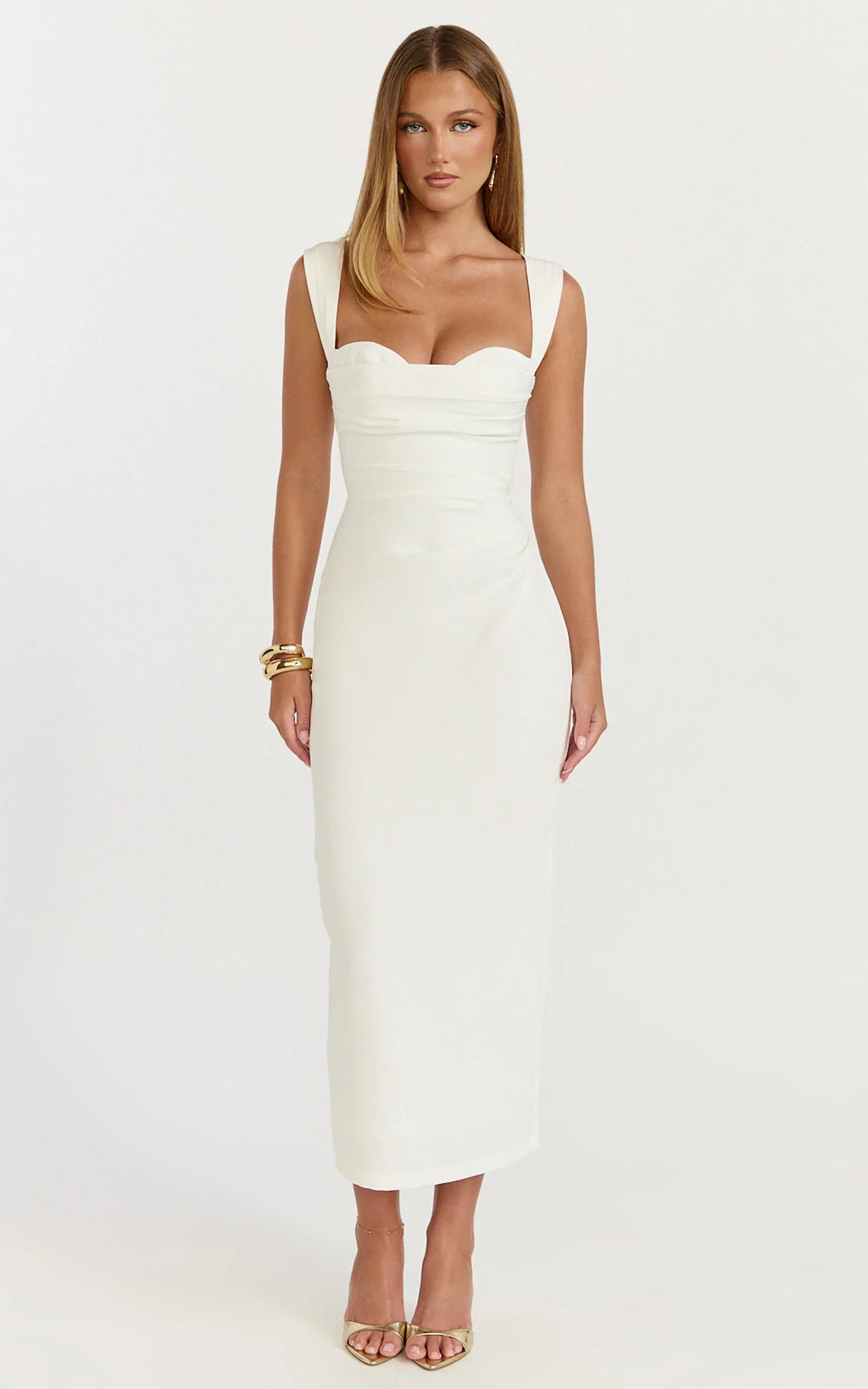 Kenna Midi Dress - Gathered Bust Tucked Waist Dress in Off White
