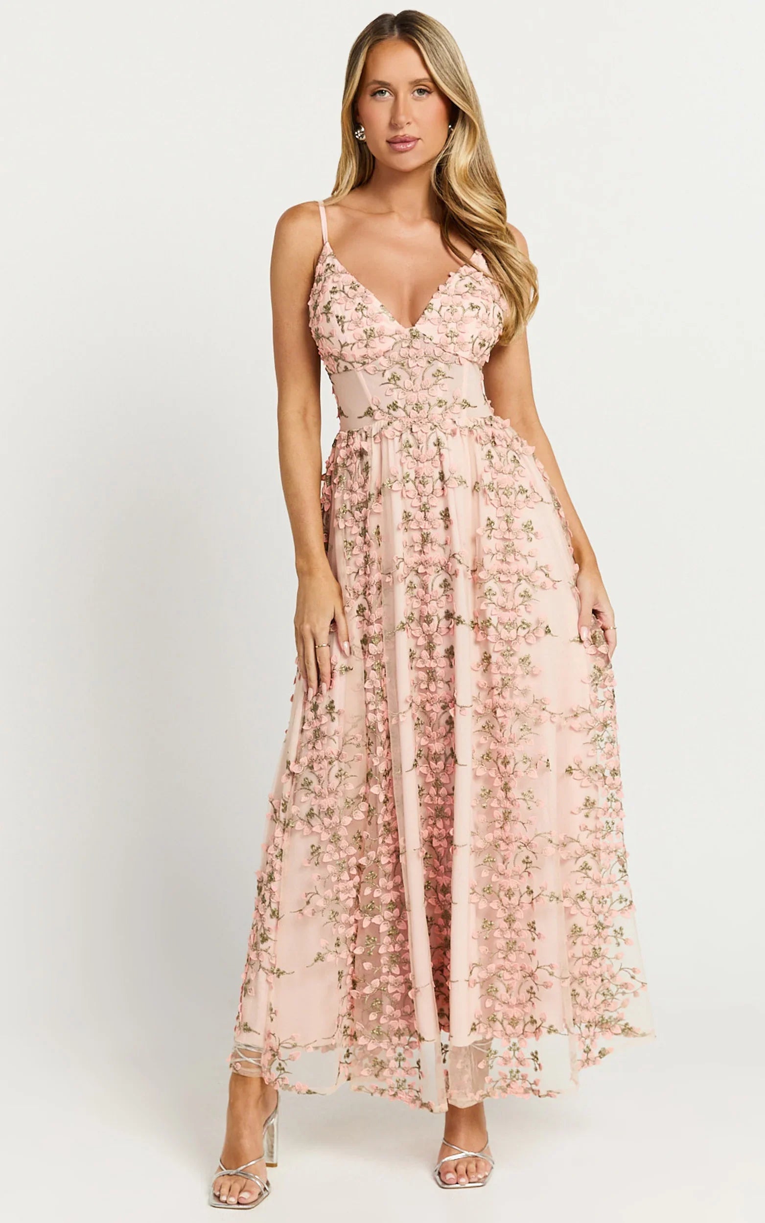 Amalie The Label - Lou V Neck Embroidered Tulle Midi Dress - In Blush