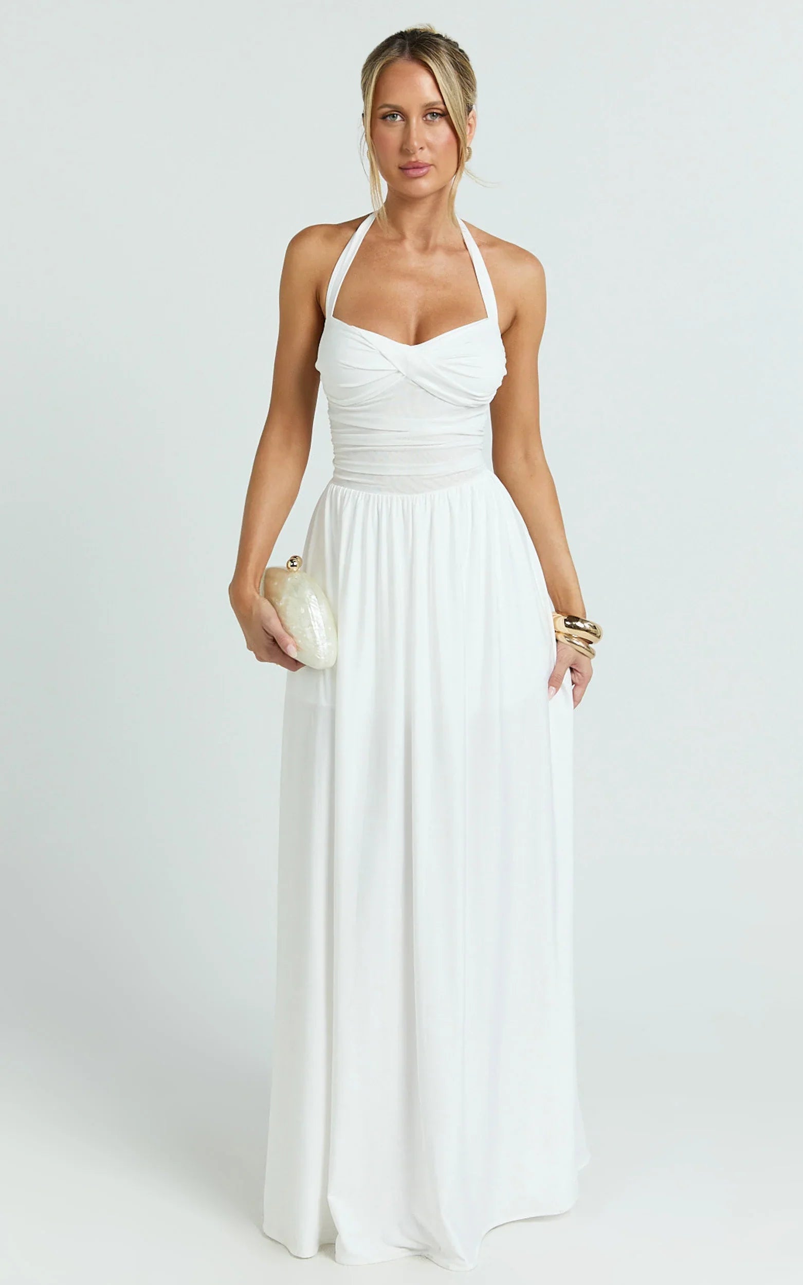 Adelia Maxi Dress - Jersey Halter Contrast Dress in White
