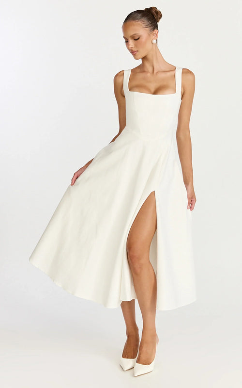 Bernie Midi Dress - Square Neck Strapped Full Circle Skirt Dress in White