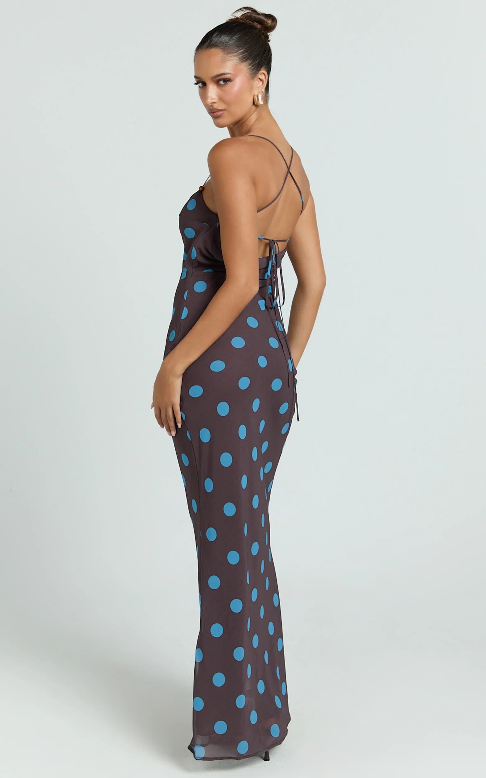 Krishna Maxi Dress - Strappy Scoop Neck Floral Placement Print Georgette Dress in Polka Dot Print