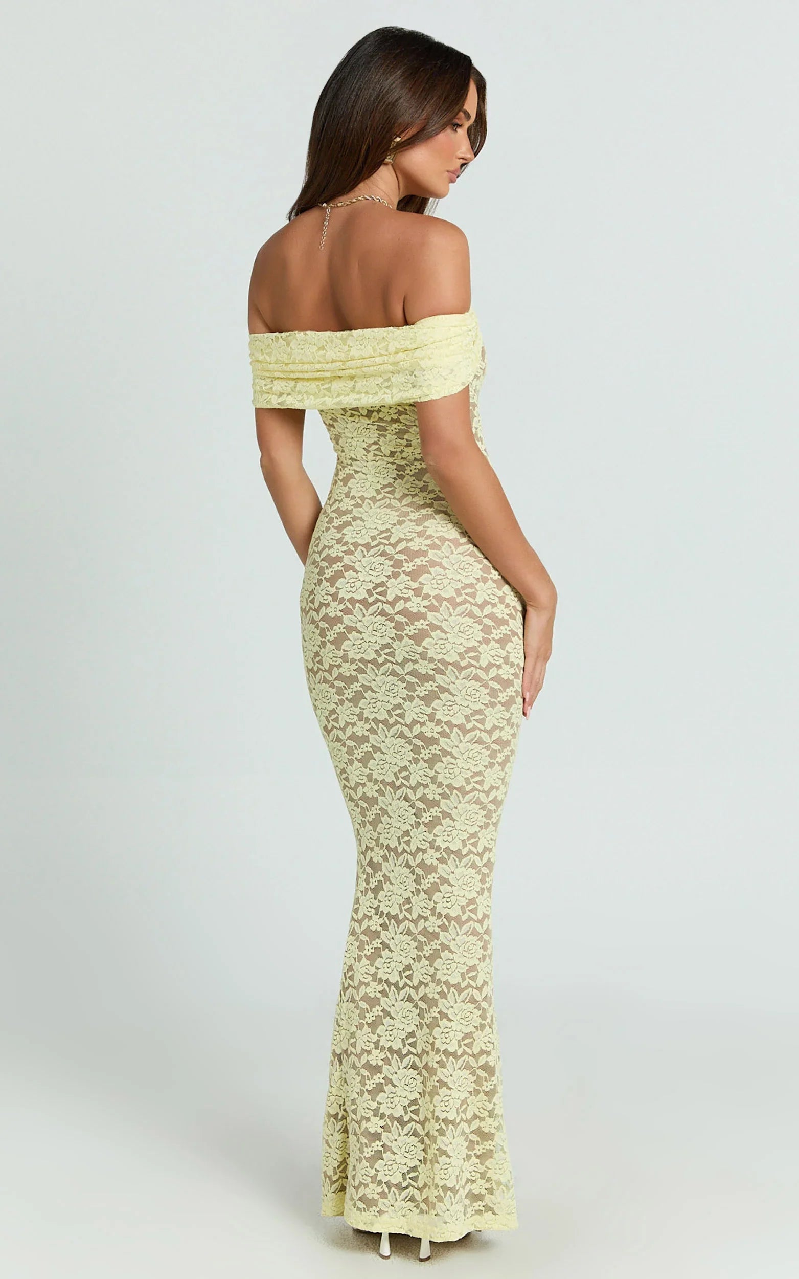 Nalani Maxi Dress - Lace Off Shoulder Column Bodycon Dress in Lemon