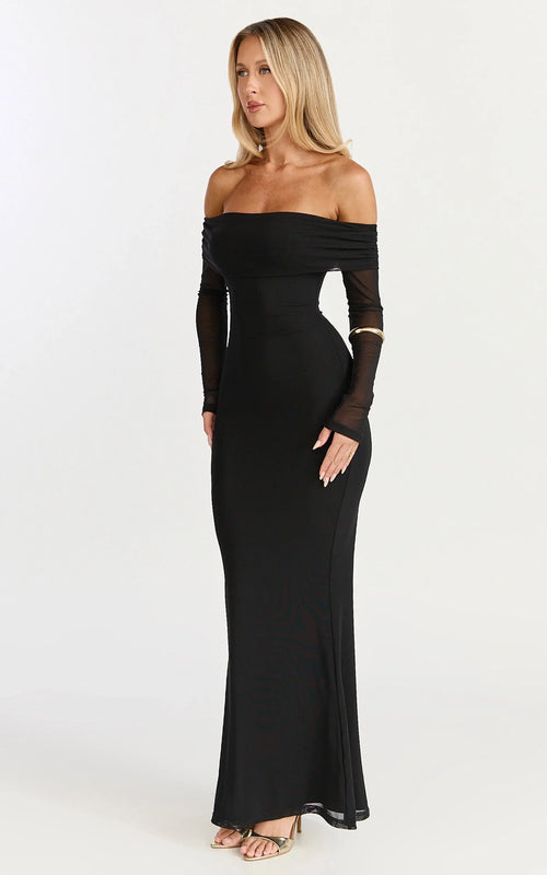Bethanie Maxi Dress - Off The Shoulder Mesh Dress in Black