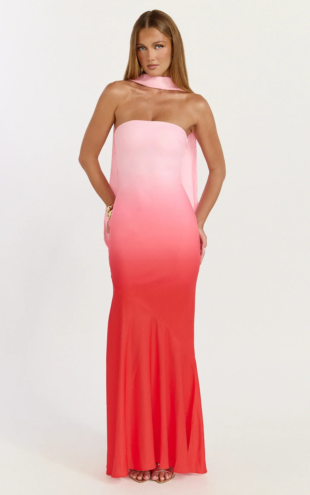 Lolly Maxi Dress - Strapless Bias Column Dress with Scarf in Blush Ombre Print