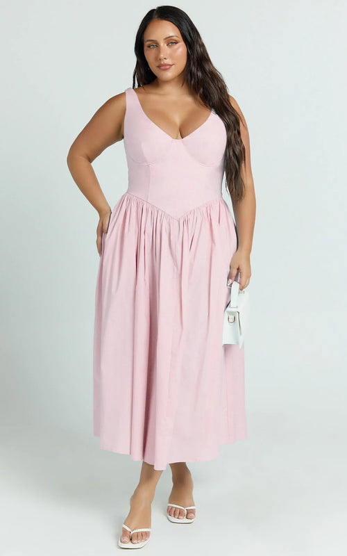 Beckett Midi Dress - Scoop Neck Drop V Waist Gathered Skirt Dress in Pink