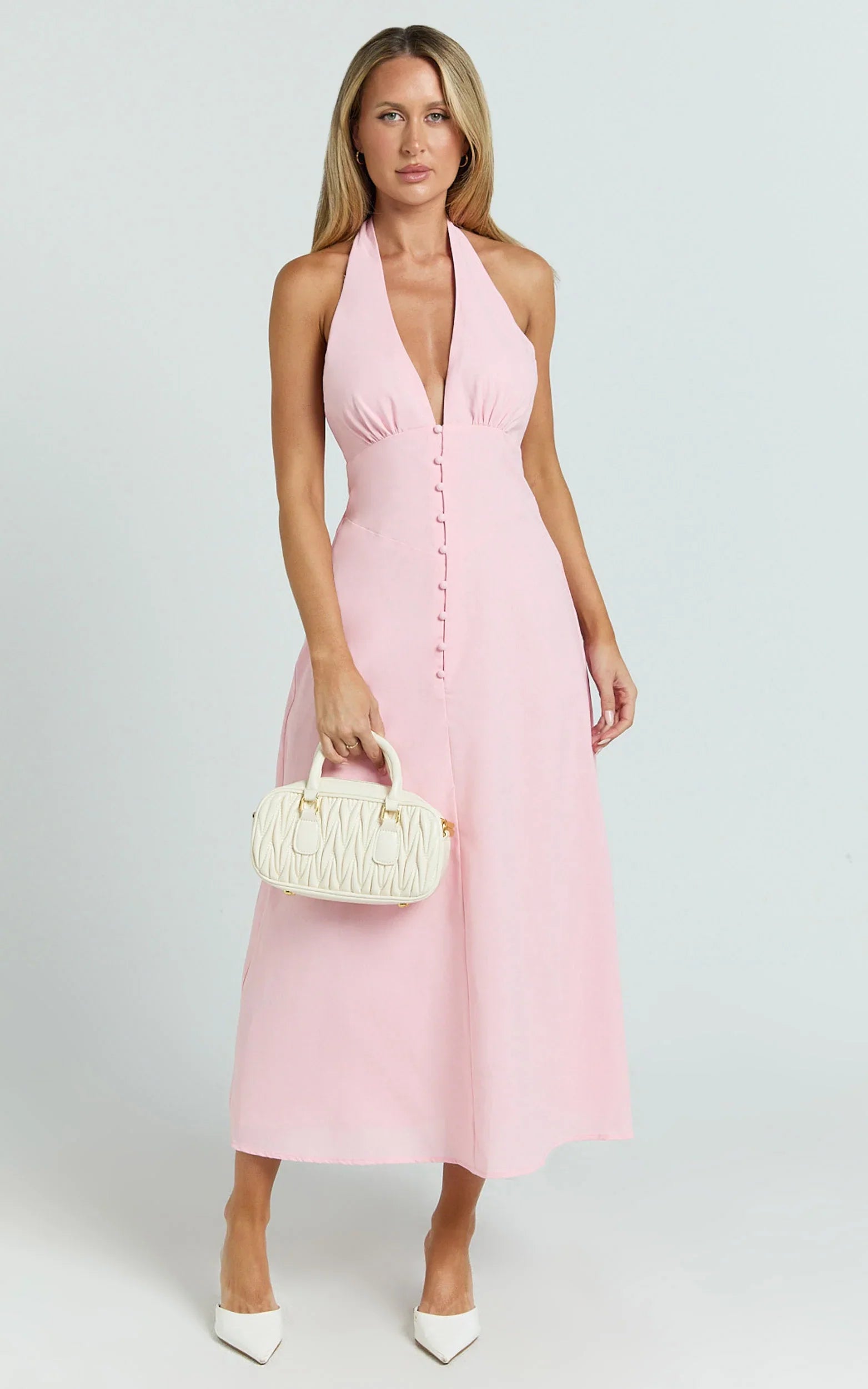 Beata Midi Dress - Plunge Halter A Line Dress in Pink