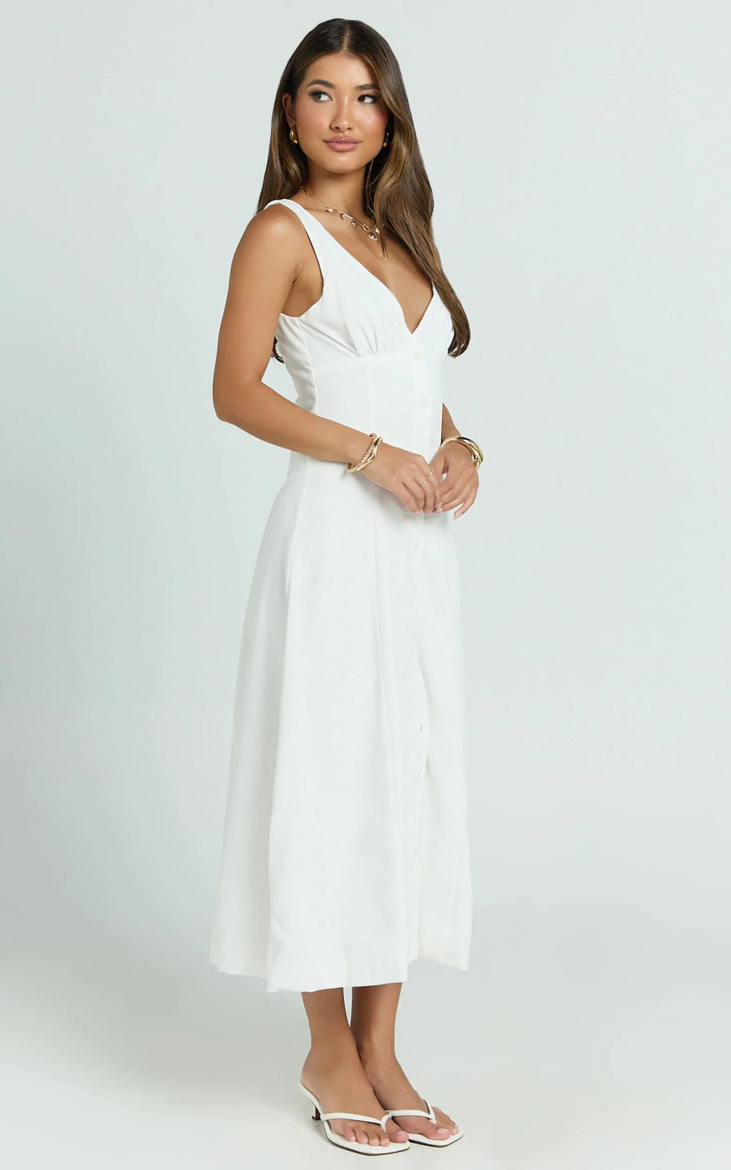 Zula Midi Dress - V Neck Sleeveless Under Bust Seam Circular Skirt Dress in White