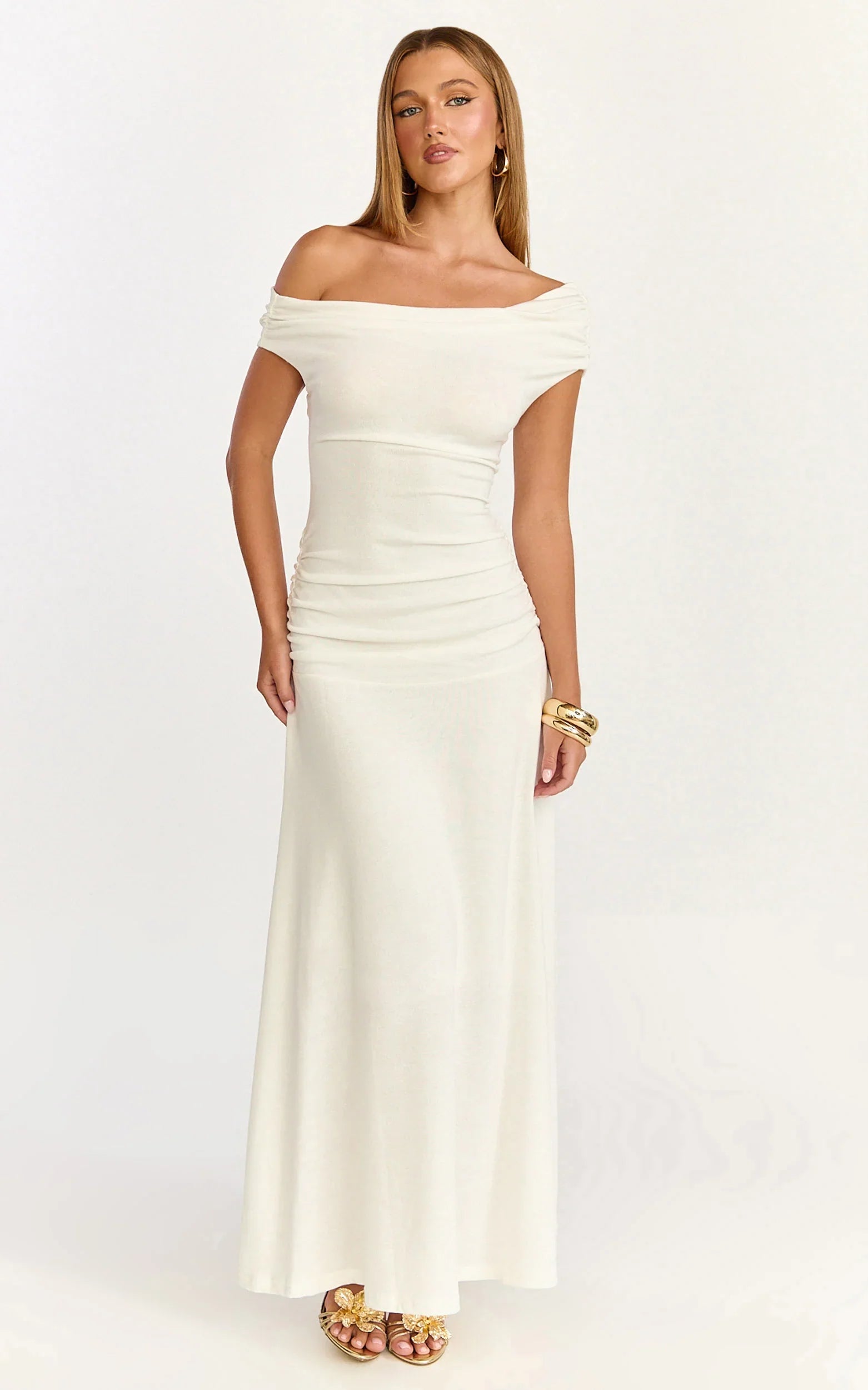 Ophelia Maxi Dress - Off Shoulder Ruched Fit And Flare Dress in Ivory