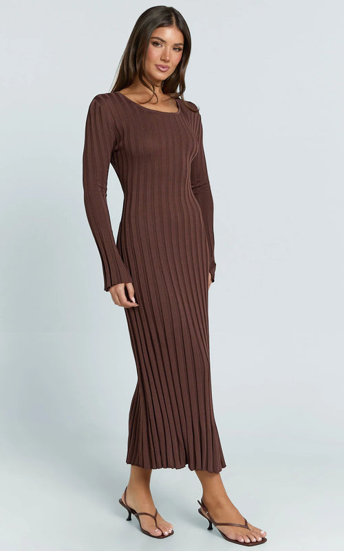 Blaire Midi Dress - Long Sleeve Tie Back Flare Dress in Dark Chocolate
