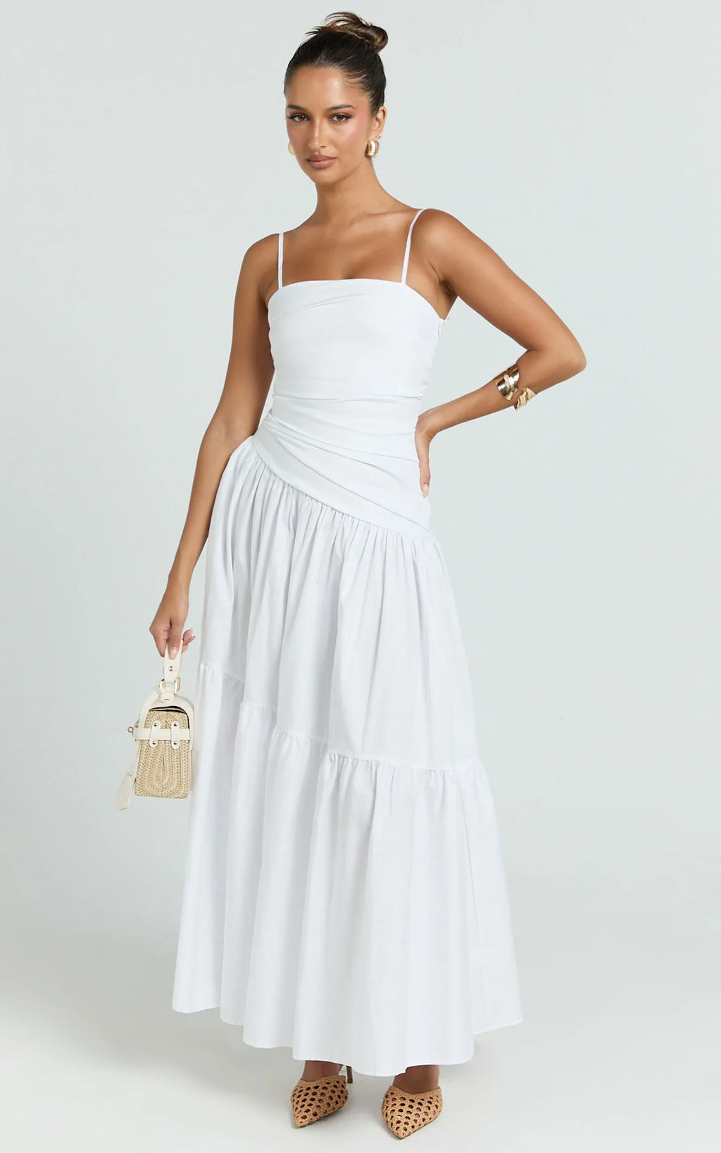 Dani Midi Dress - Asymmetrical Ruched Waisted in White