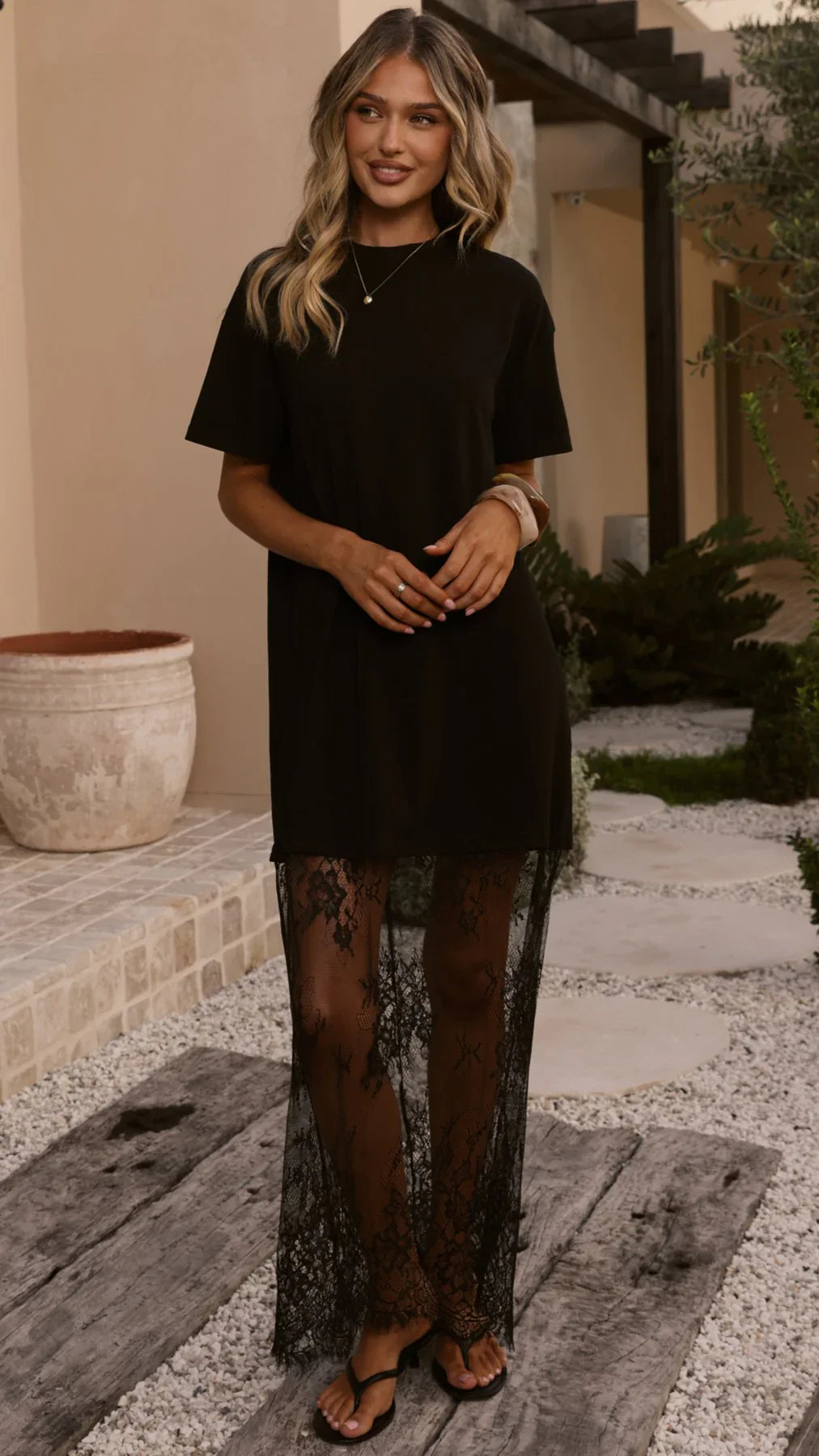 Adora T-Shirt Maxi Dress - Black Lace