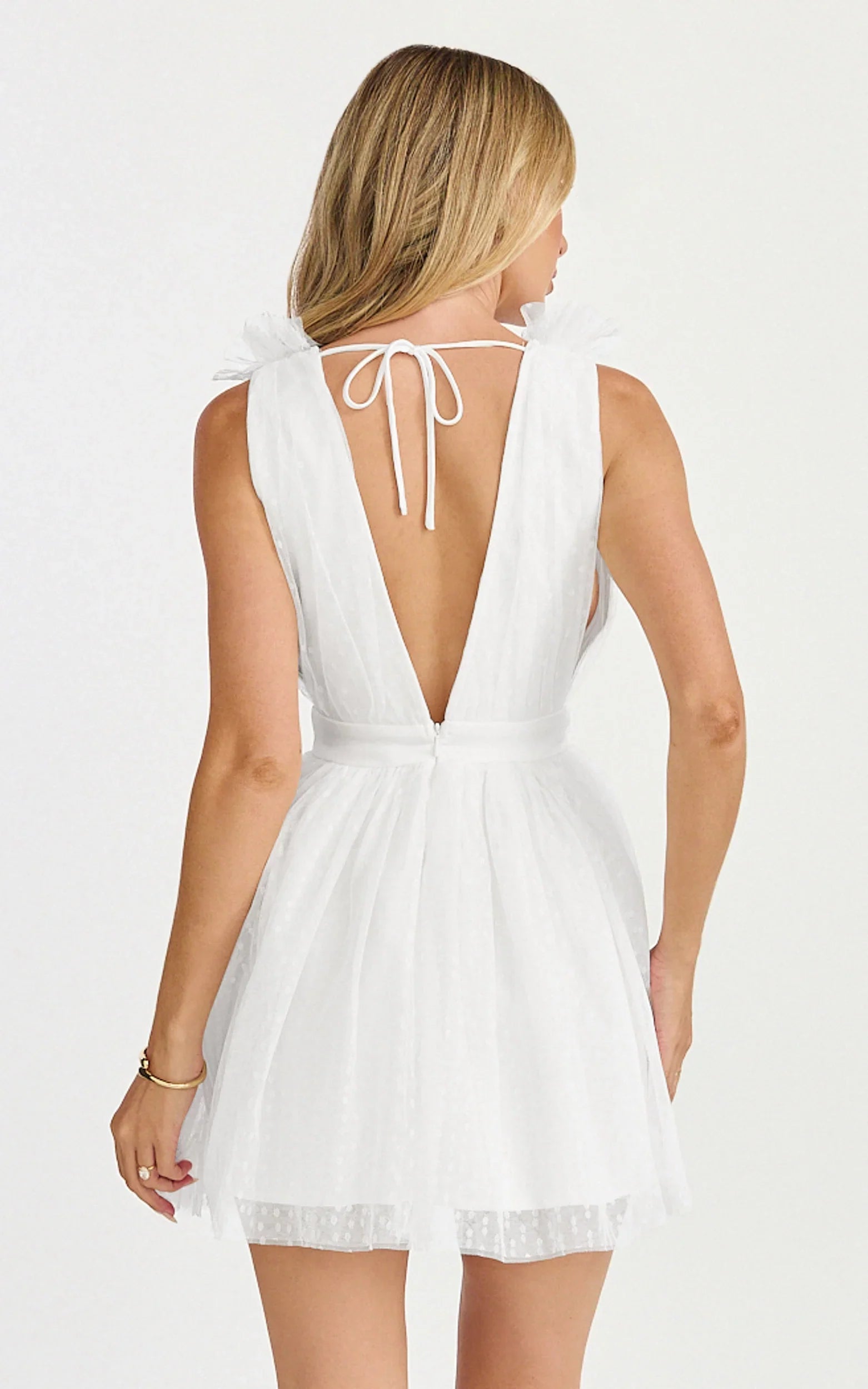 Mariabella Mini Dress - Tulle Plunge Dress in White