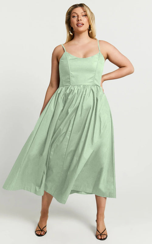 Braelyn Midi Dress - Scoop Neck Flare Dress in Sage