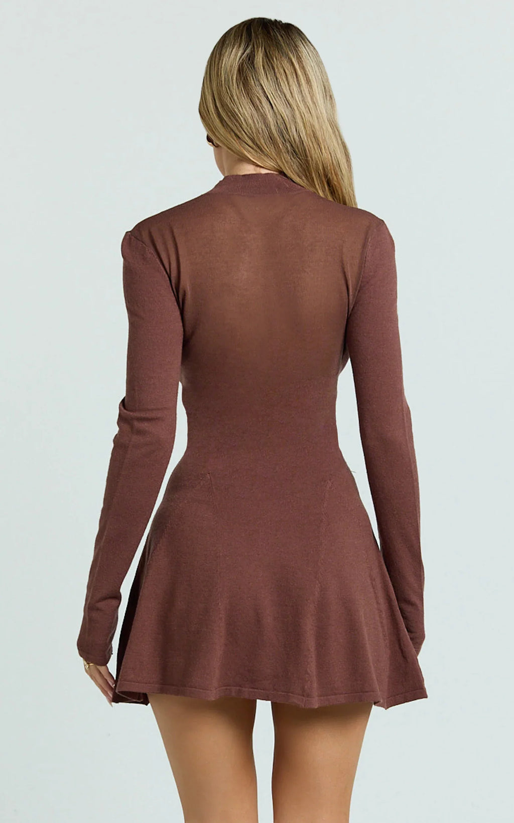 Camilla Mini Dress - Turtle Neck Fit And Flare Sheer Contrast Knit Dress in Chocolate
