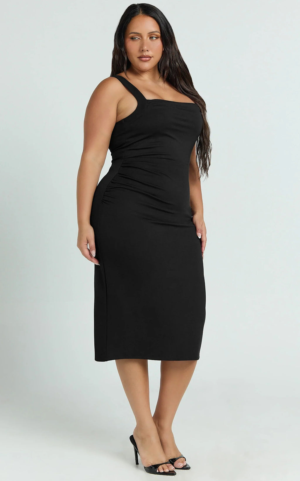 Tiffy Midi Dress - Square Neck Ruched Bodycon Dress in Black