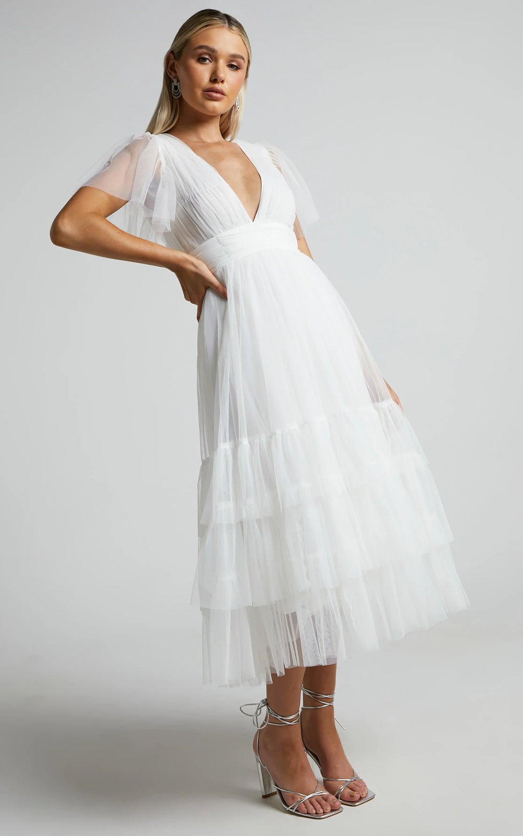 Jiraye Midi Dress - Flutter Sleeve Tuelle Plunge Dress in White