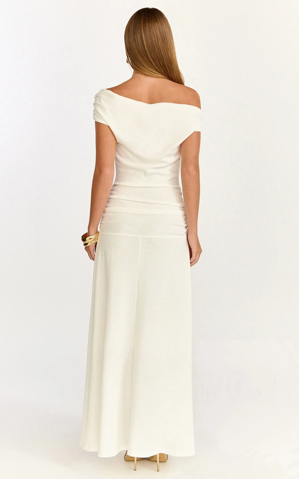 Ophelia Maxi Dress - Off Shoulder Ruched Fit And Flare Dress in Ivory