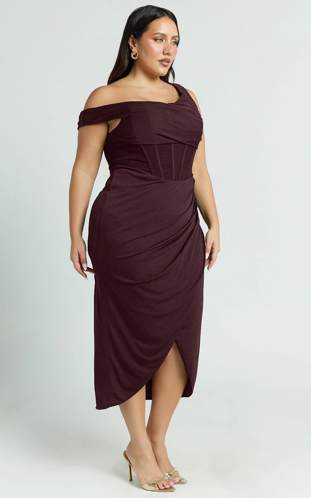 Aidia Midi Dress - Off Shoulder Draped Corset Dress in Burgundy