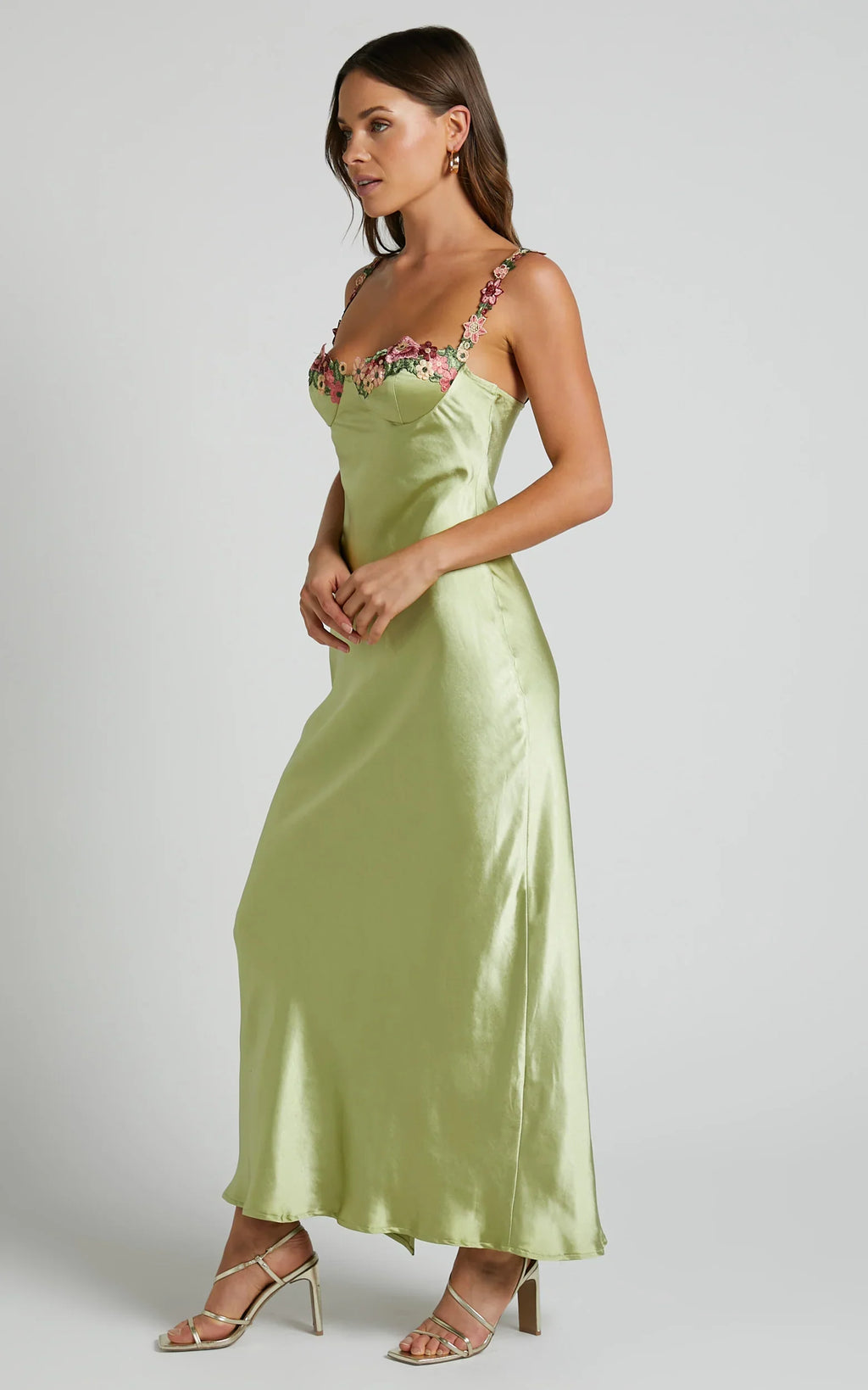 Harmony Maxi Dress - Floral Detail Cup Bust Satin Dress in Citrus