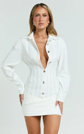 Rhylee Mini Dress - Collared Button Front Bodycon Shirt Dress in White