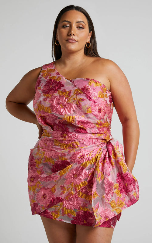 Brailey Mini Dress - One Shoulder Wrap Front Dress in Pink Jacquard