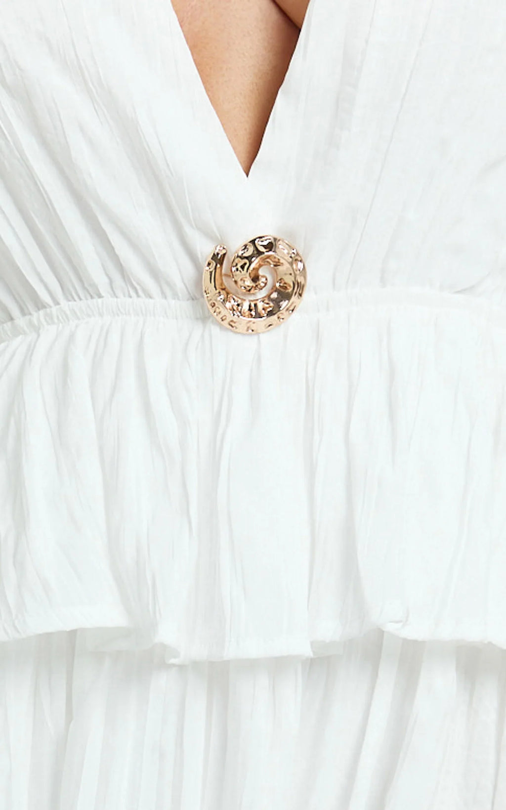 Heidi Midi Dress - Deep V Plunge Halter Neck Brooch Detail Split Skirt Dress in White