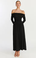Antonia Midi Dress - Off The Shoulder Long Sleeve Dress in Black