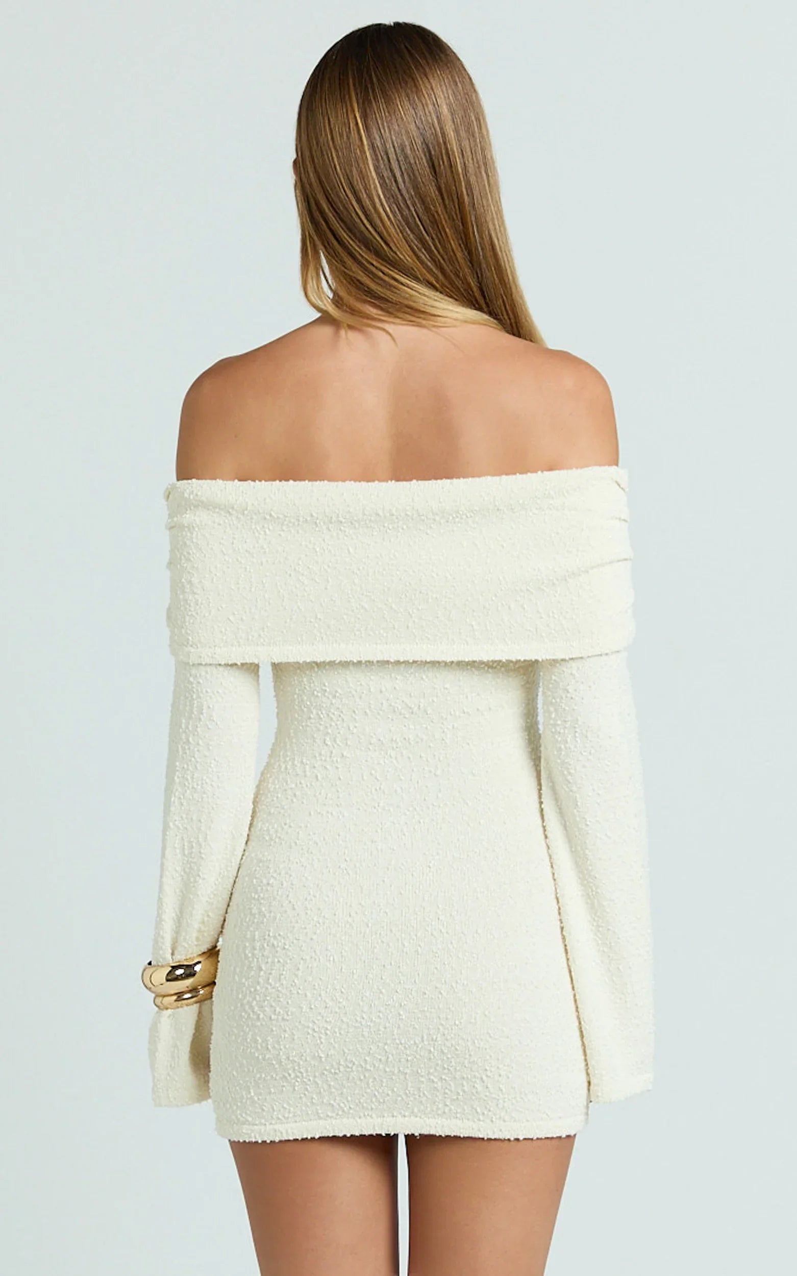 Rhianna Mini Dress - Knitted Off Shoulder Tie Waist Mini Dress in Cream