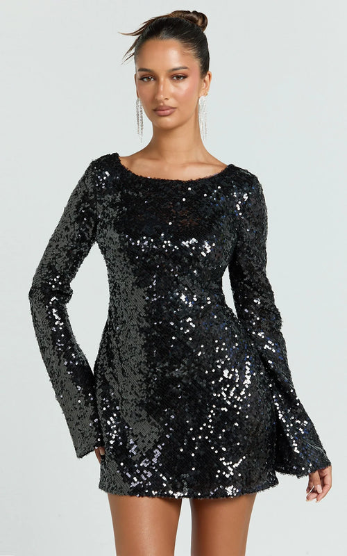 Bertina Mini Dress - Sequin Scoop Neck Low Back Dress in Black