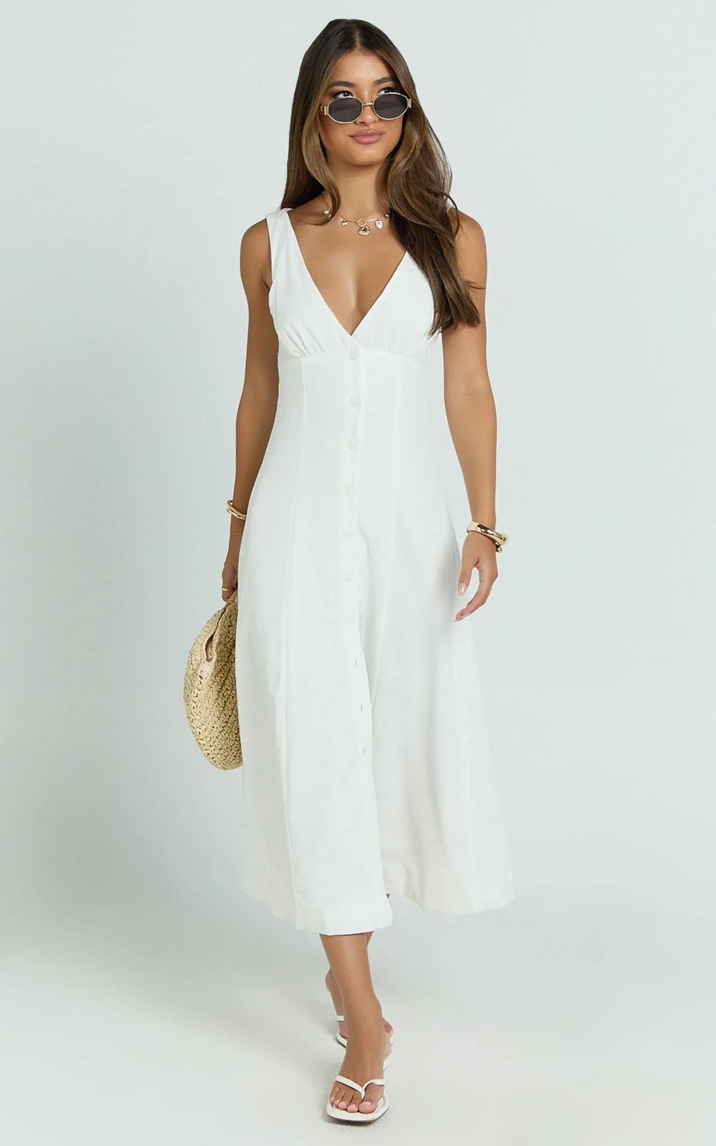 Zula Midi Dress - V Neck Sleeveless Under Bust Seam Circular Skirt Dress in White